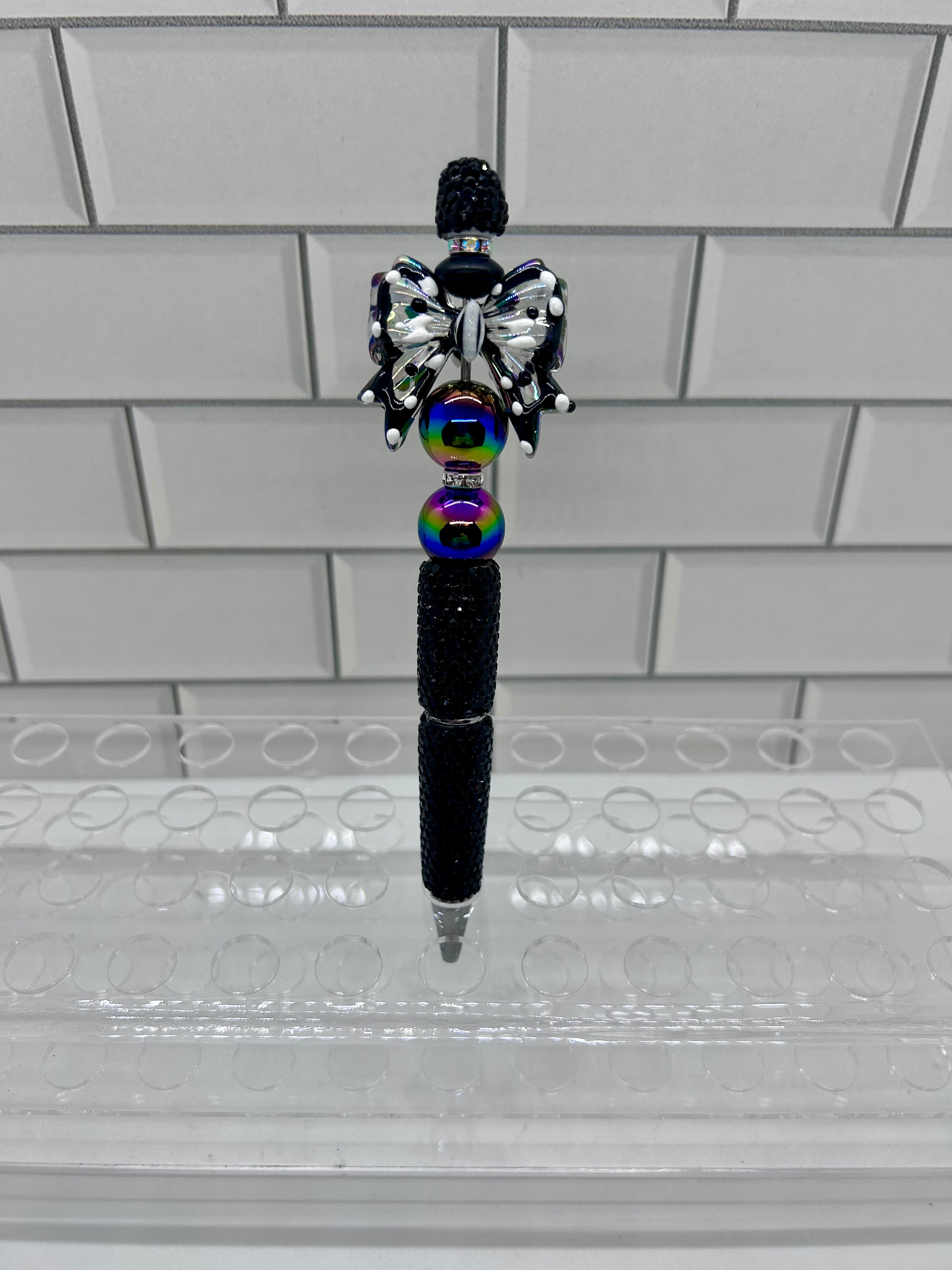 Rhinestone Beaded Ballpoint Pen w/Bow Focal-Black