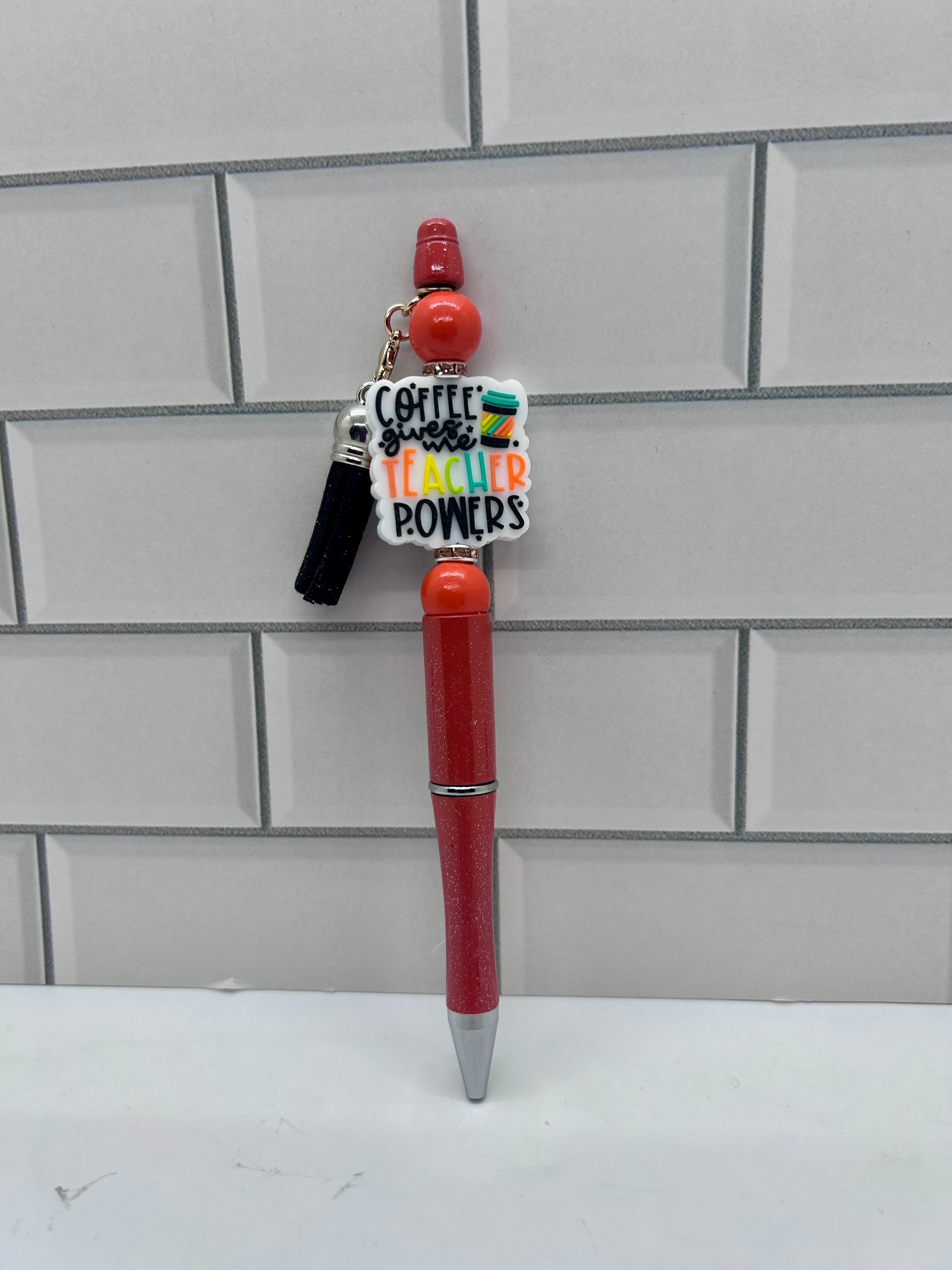 Beaded Ballpoint Pens-Orange with Teacher Theme