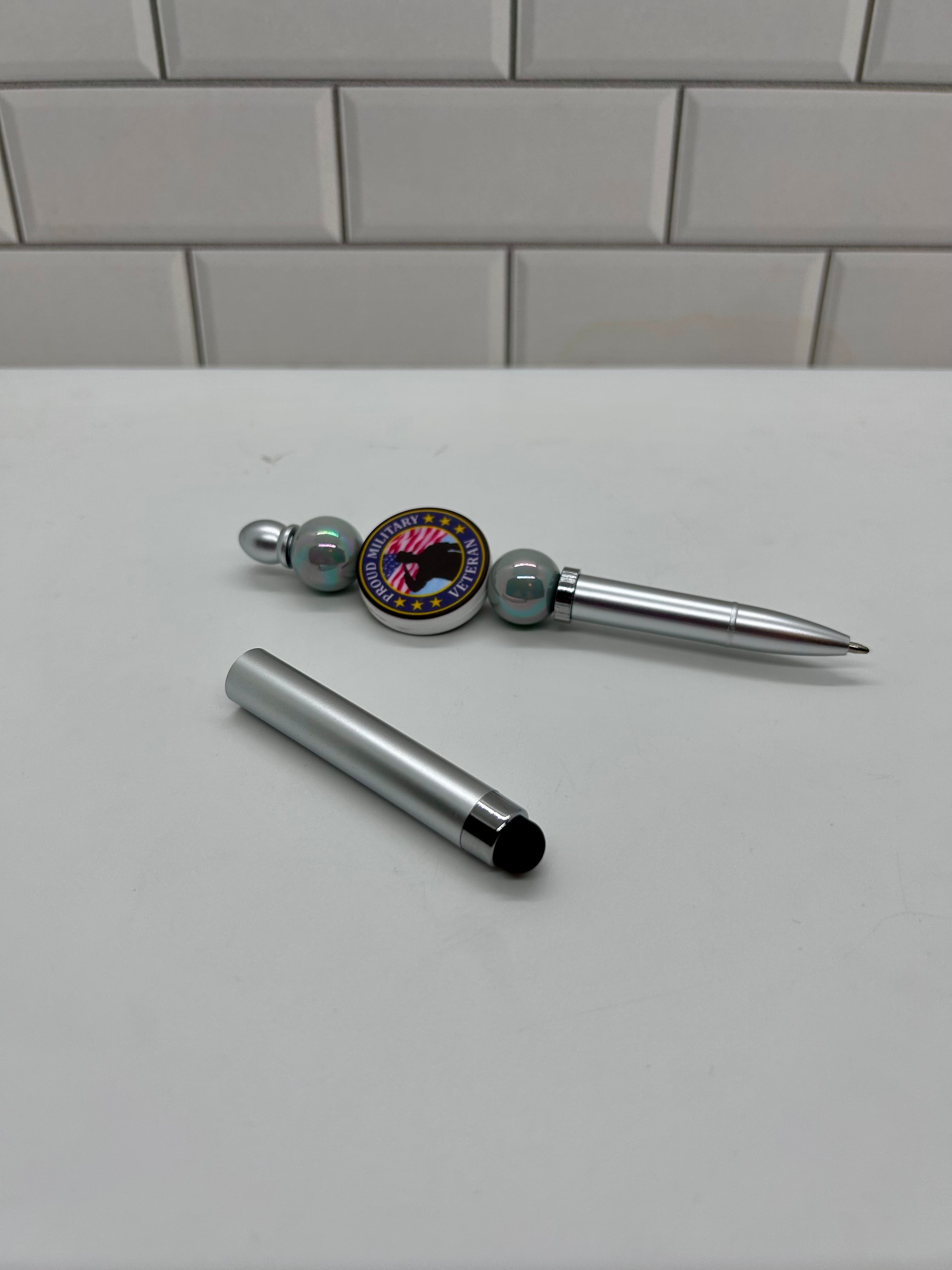 Beaded Stylus/Pen-Gray Acrylic with Veteran Silicone Focal
