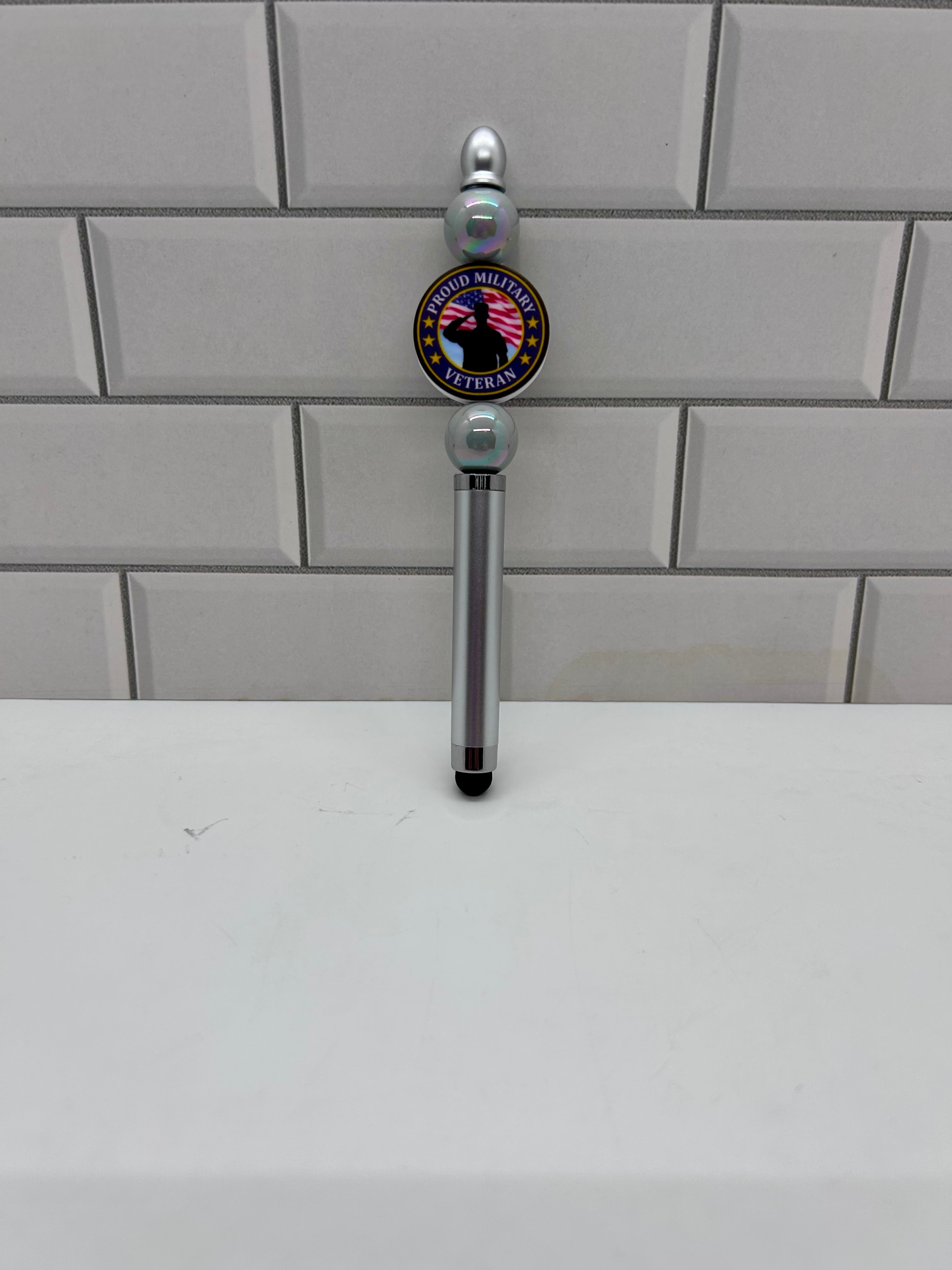 Beaded Stylus/Pen-Gray Acrylic with Veteran Silicone Focal