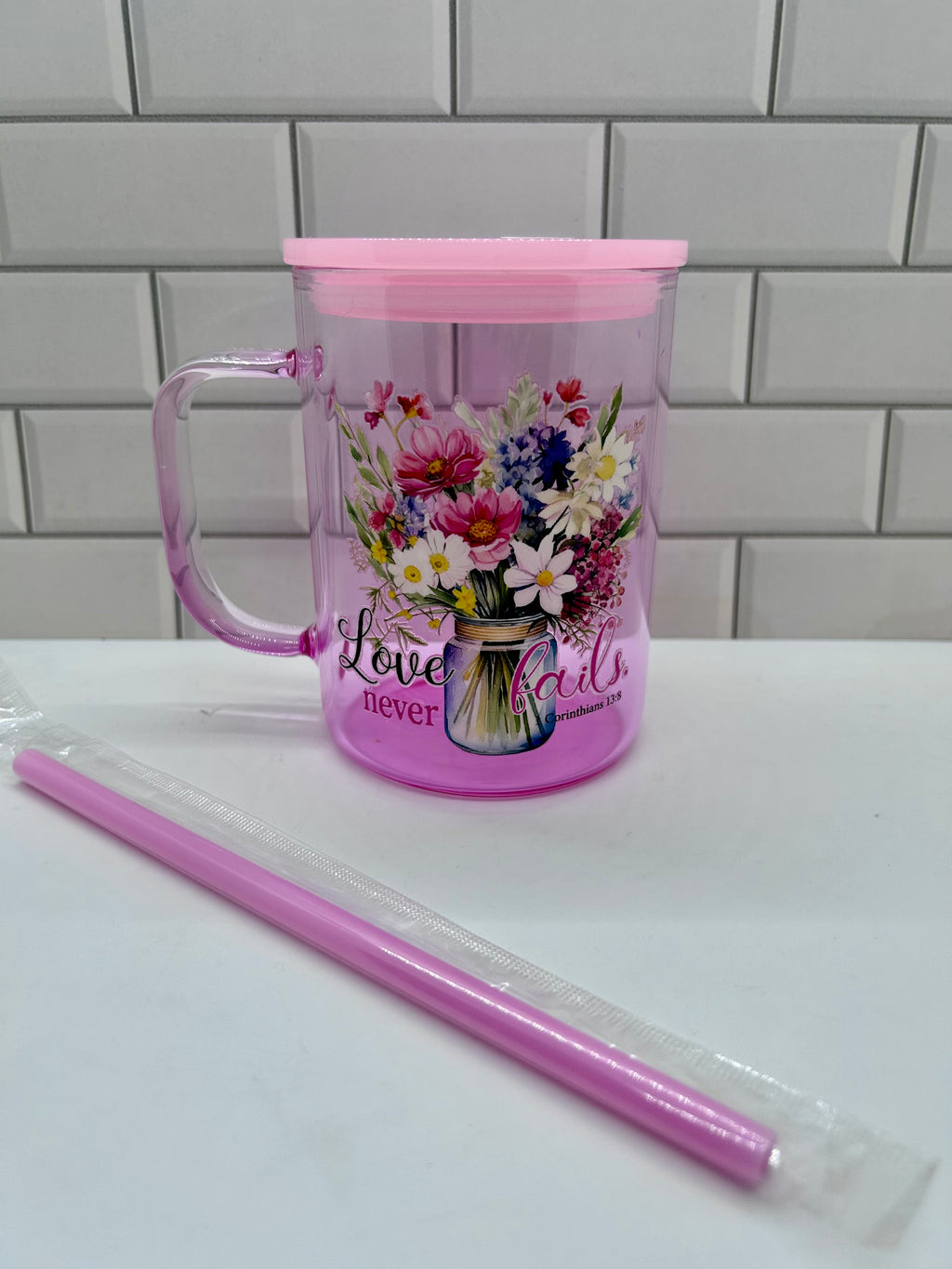 Mug en verre dégradé de 47 cl, rose avec motif religieux