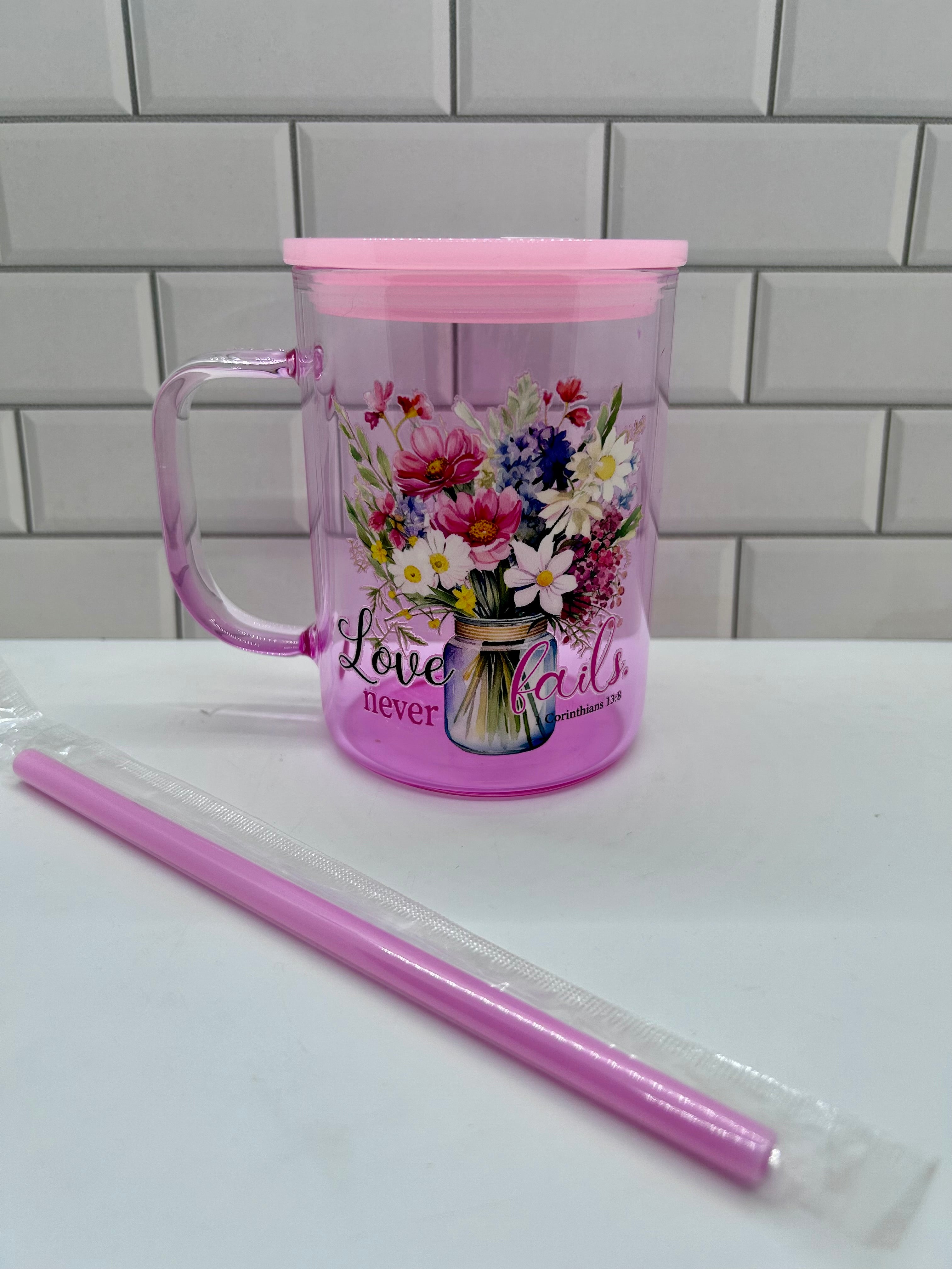 Mug en verre dégradé de 47 cl, rose avec motif religieux