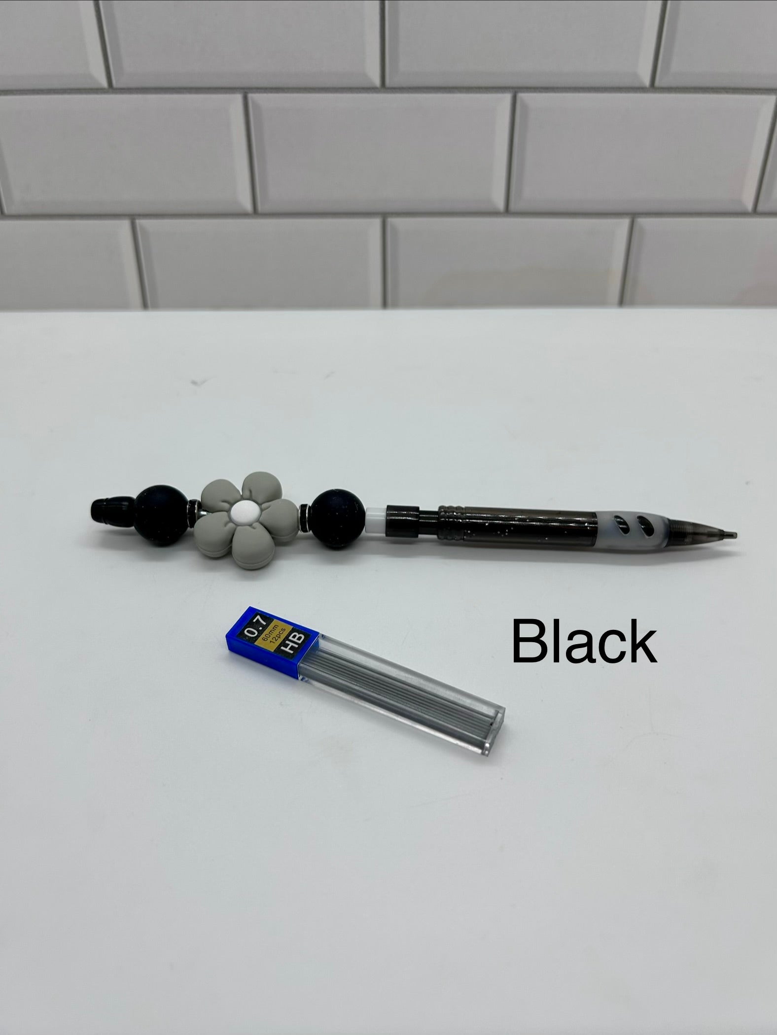 Beaded Mechanical Pencil-Black Silicone with Floral Focal