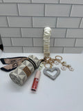 Wristlet Cream Scrunchie Keychain Bundle-Wristlet, Cylinder, Heart, Lipglosses Varies, Flowers
