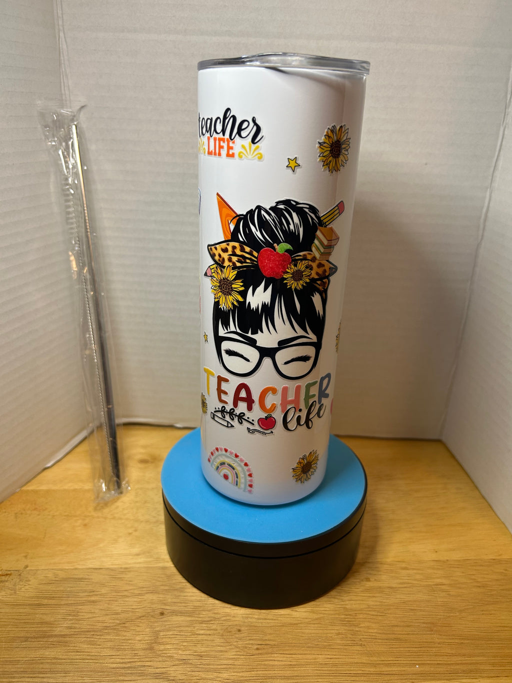 20 ounce Skinny Metal Tumbler With Metal Straw Featuring A Beautiful Teacher Inspired Design