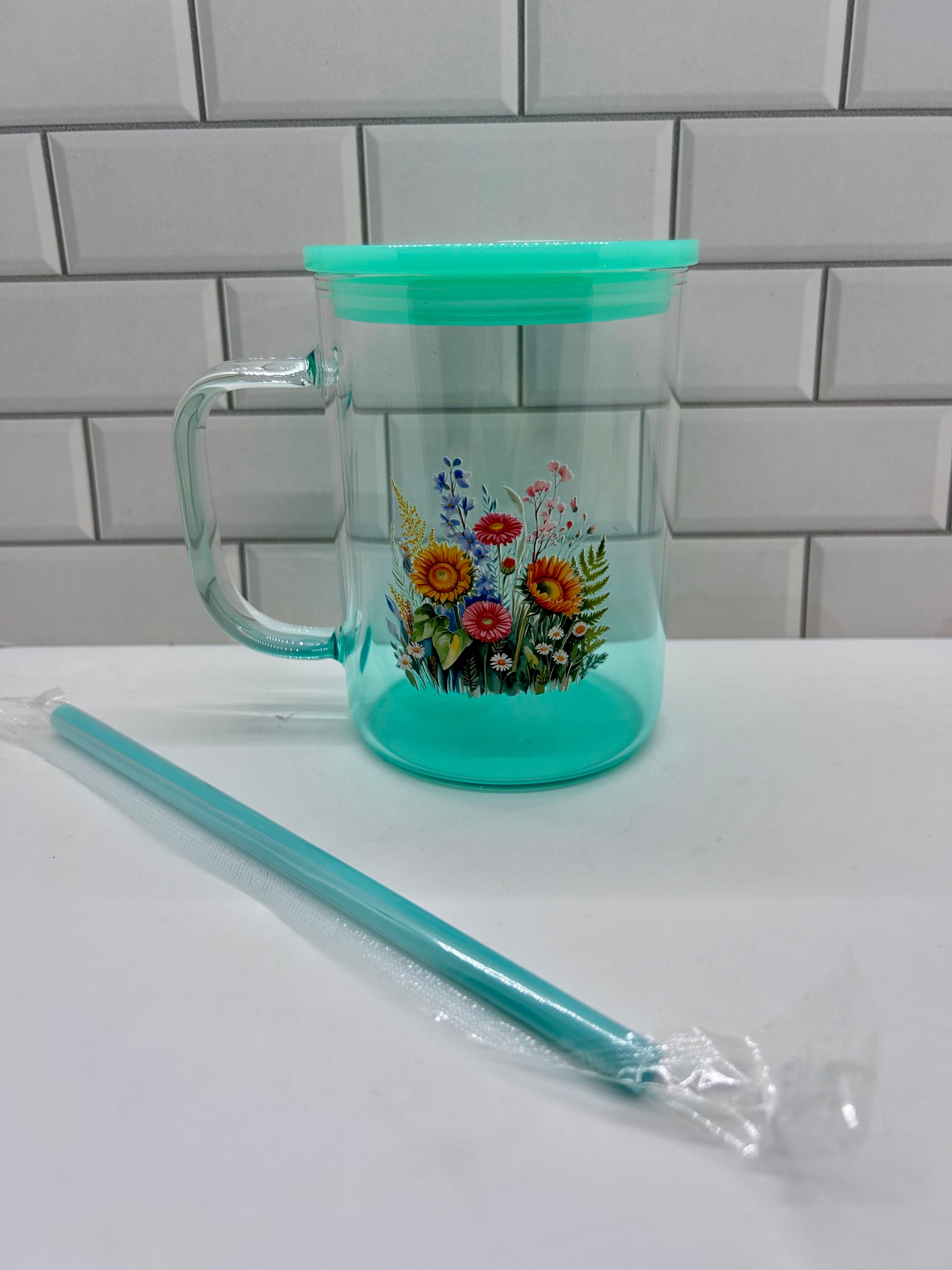 16 oz Ombre Glass Tumbler Mug, Green with Floral Theme