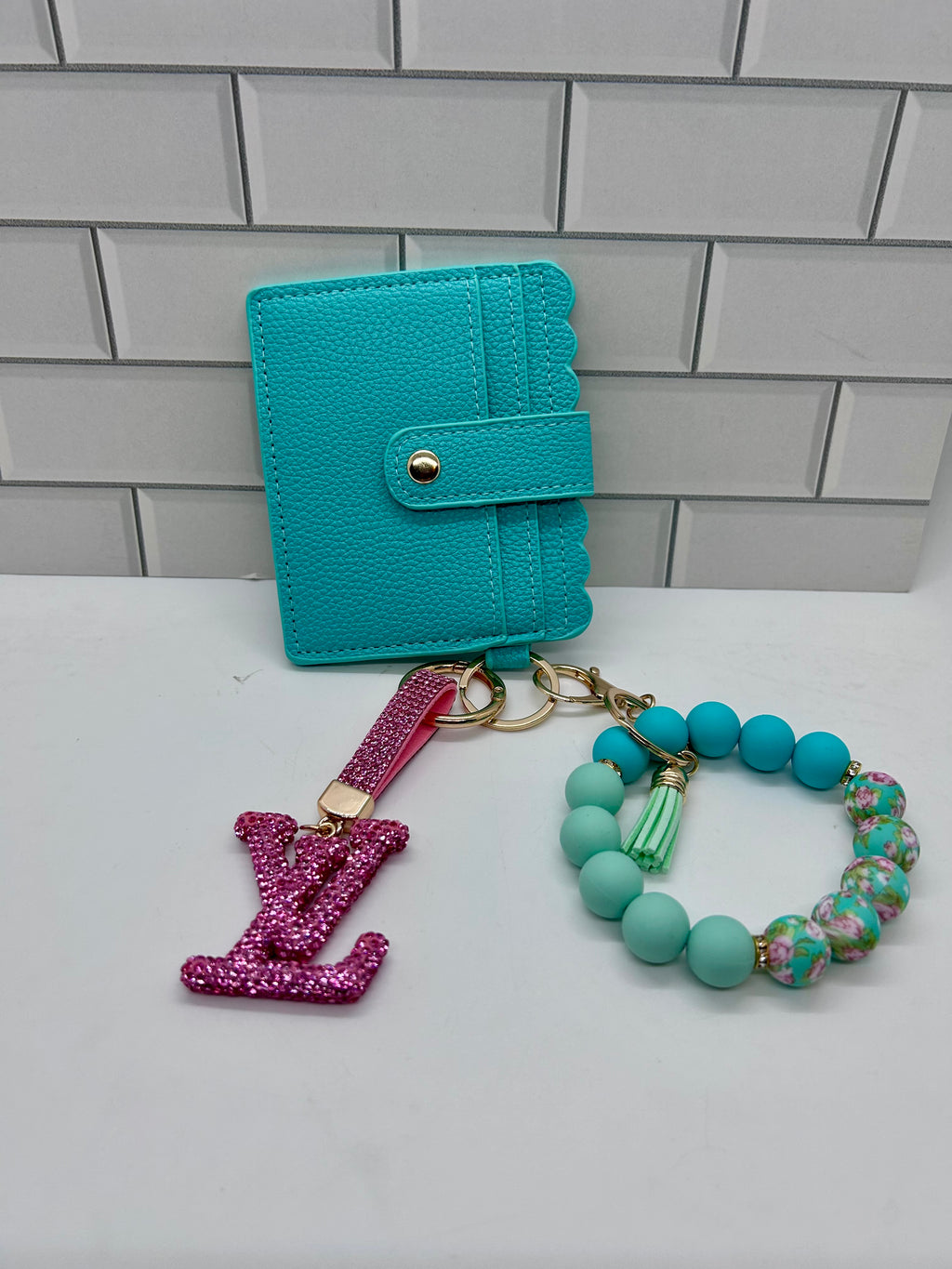 I.D. Wristlet Keychain Bundle-Teal with Pink LV Charm
