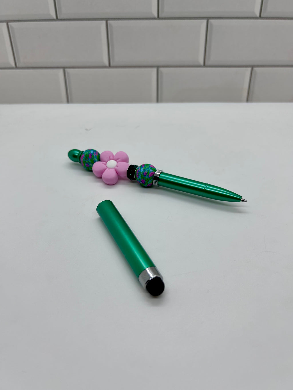 Beaded Stylus/Pen-Green Silicone with Floral Focal