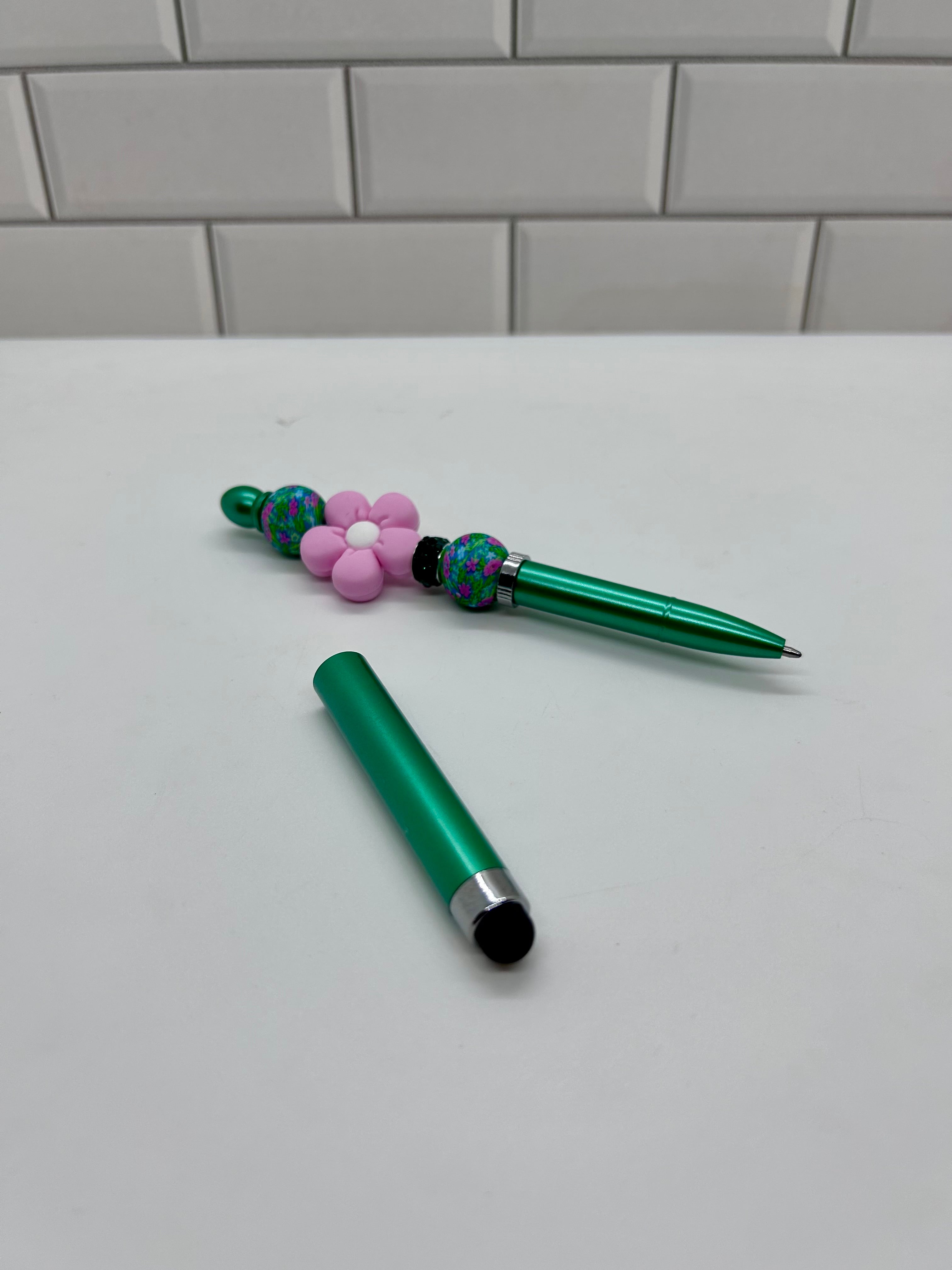 Beaded Stylus/Pen-Green Silicone with Floral Focal