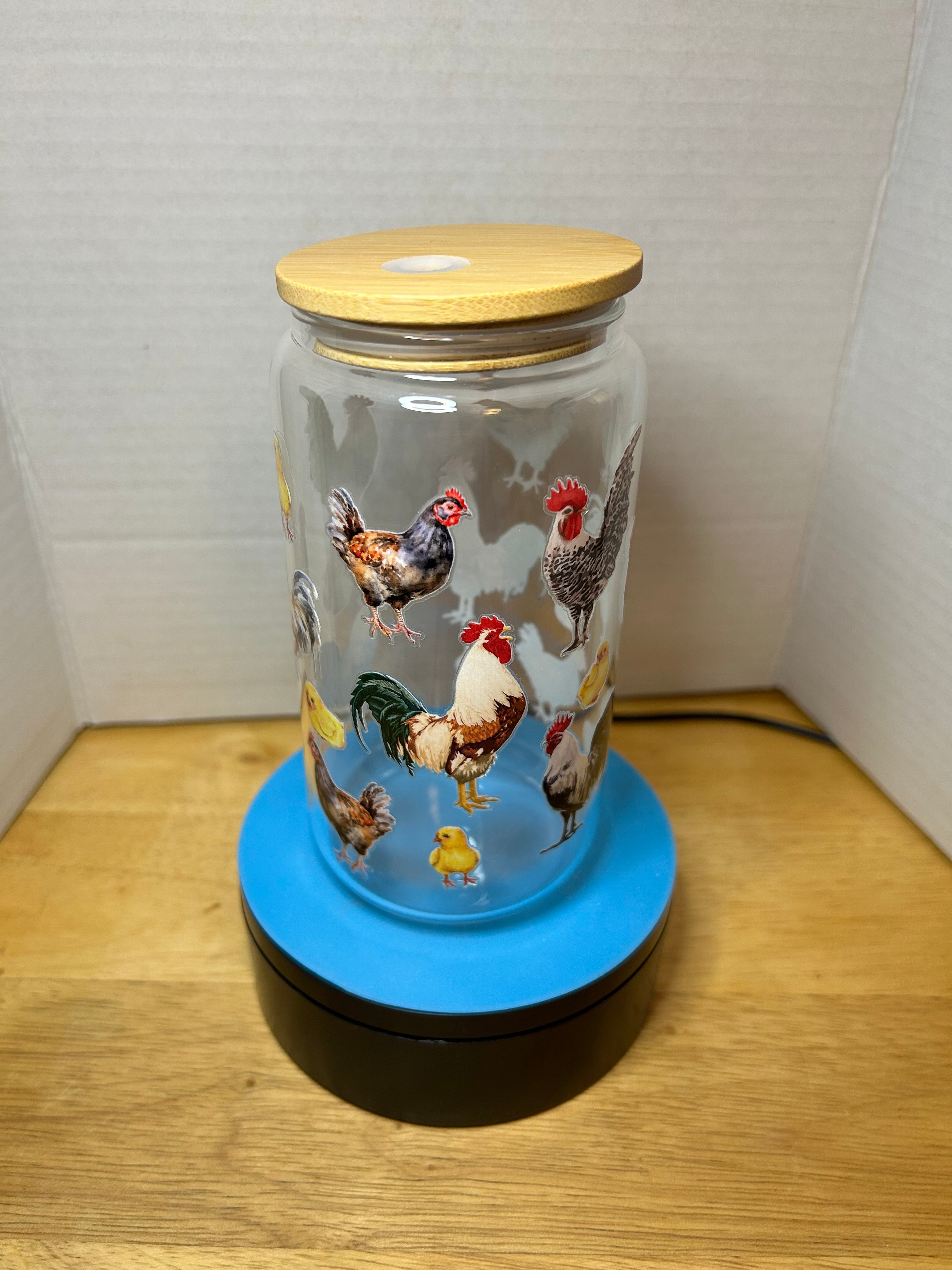 16 oz Glass Tumbler with a bamboo lid featuring a Beautiful Design, comes with metal straw and cleaning brush