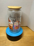 16 oz Glass Tumbler with a bamboo lid featuring a Beautiful Design, comes with metal straw and cleaning brush