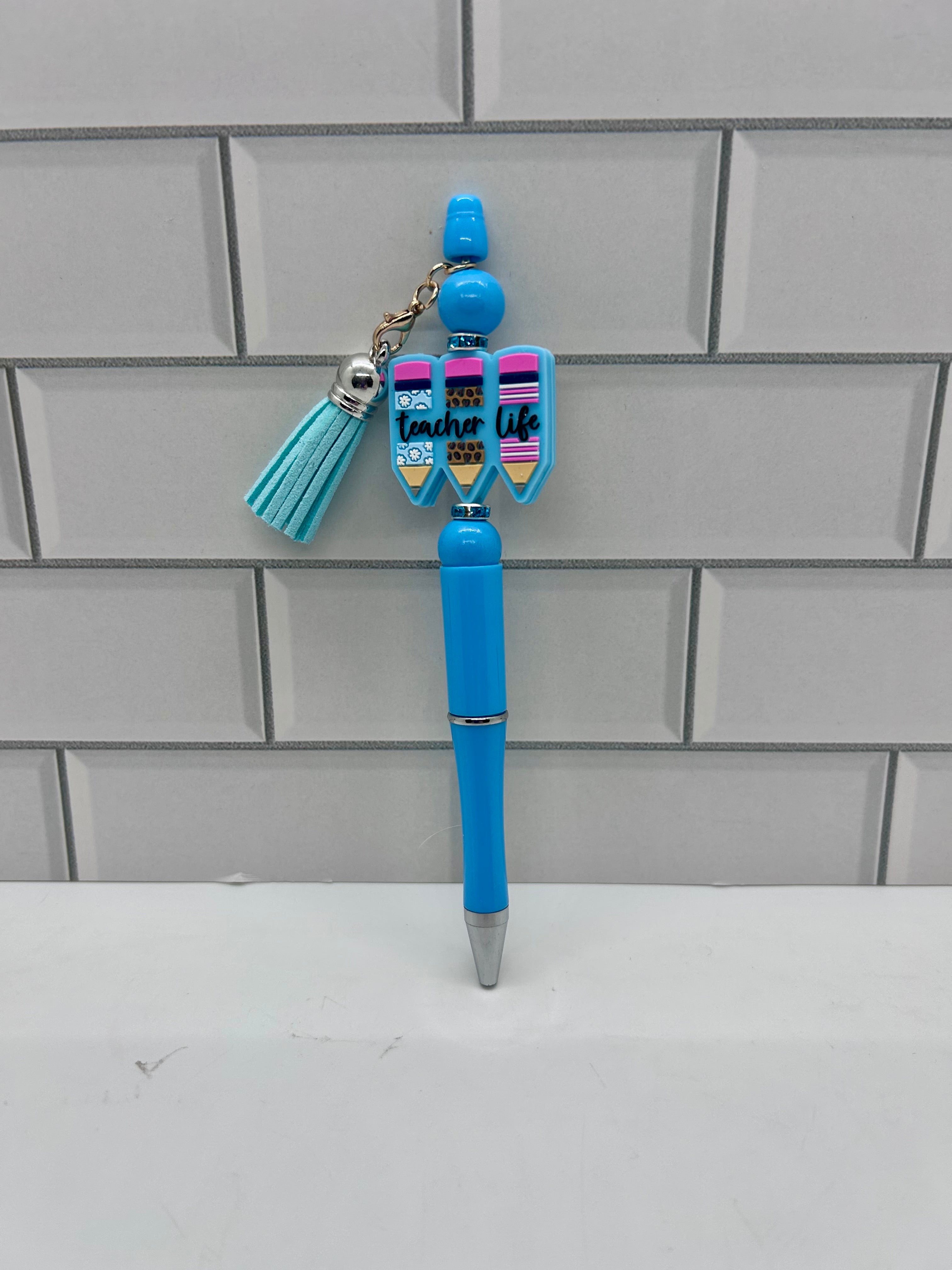 Beaded Ballpoint Pens-Blue with Teacher Theme