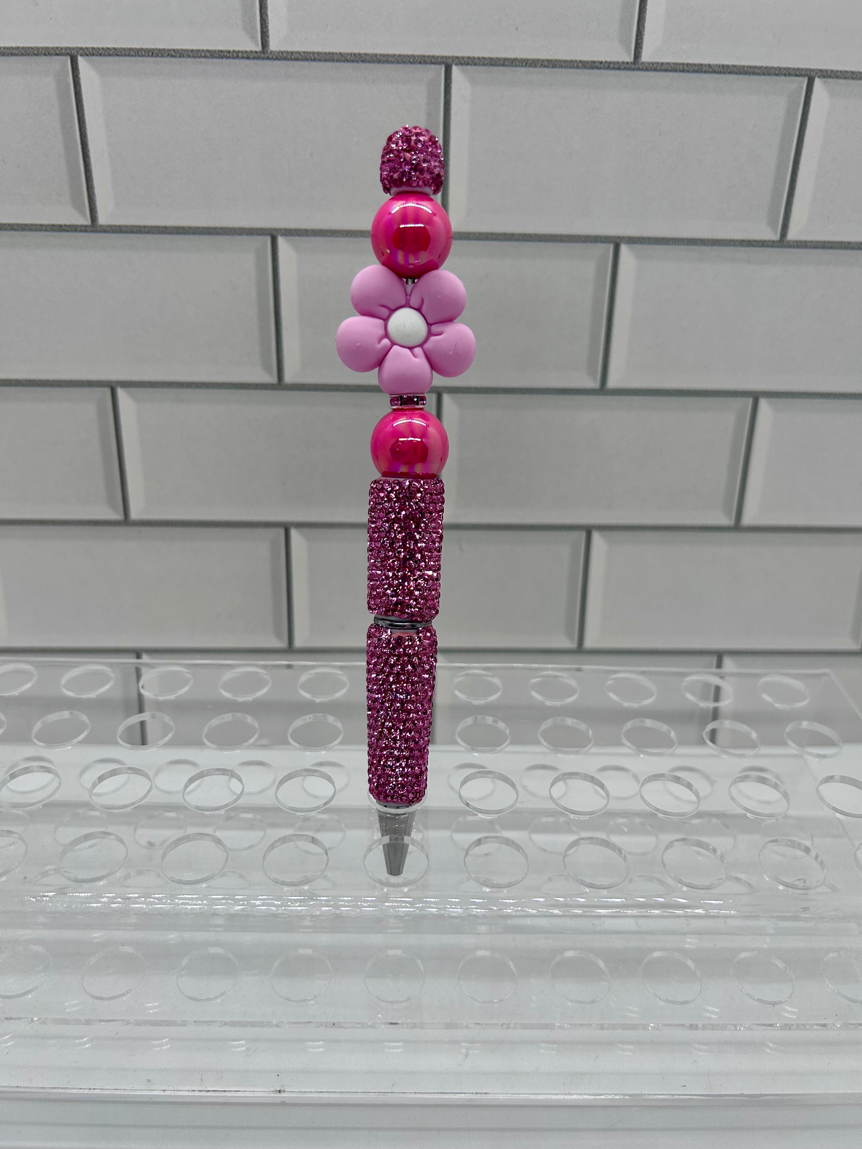Rhinestone Beaded Ballpoint Pen w/Focal-Pink