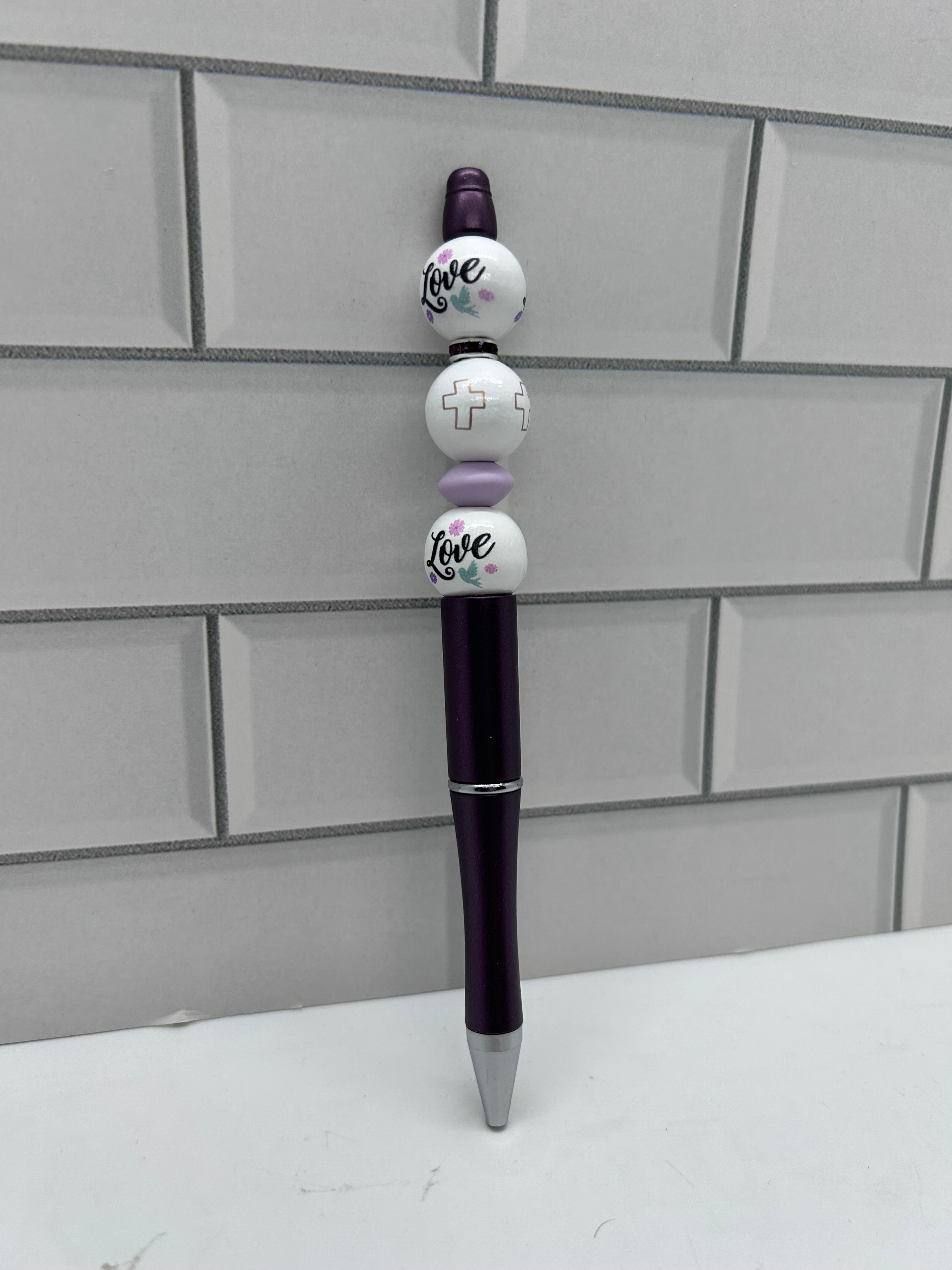 Stylo bille orné de perles, violet foncé avec thème d'inspiration