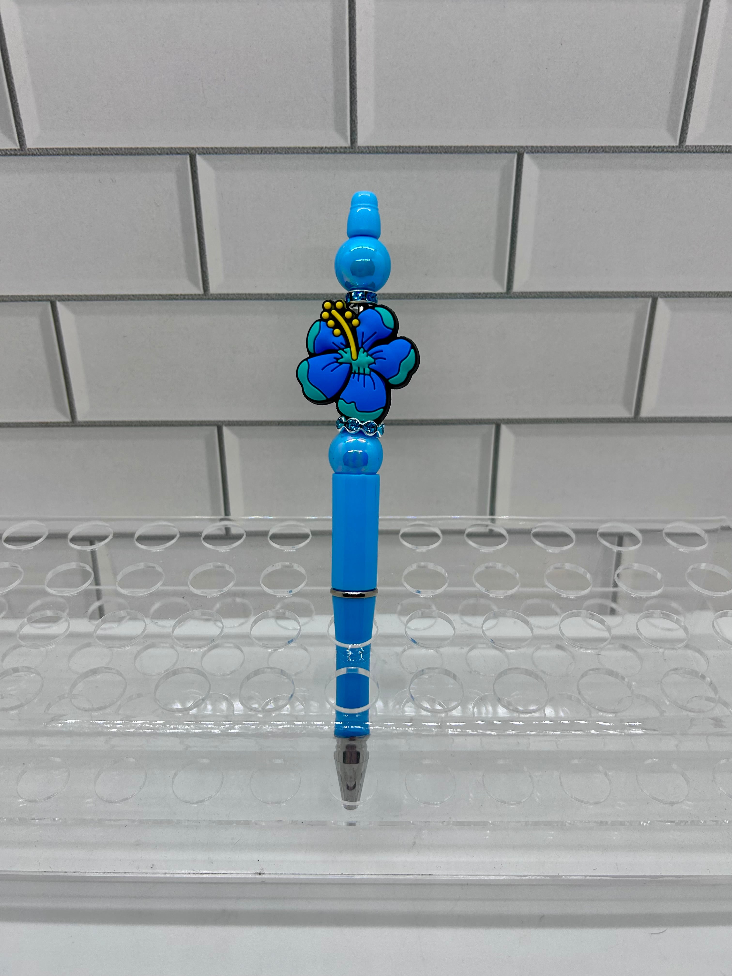 Beaded Ballpoint Pen-Blue w/ Flower Focal