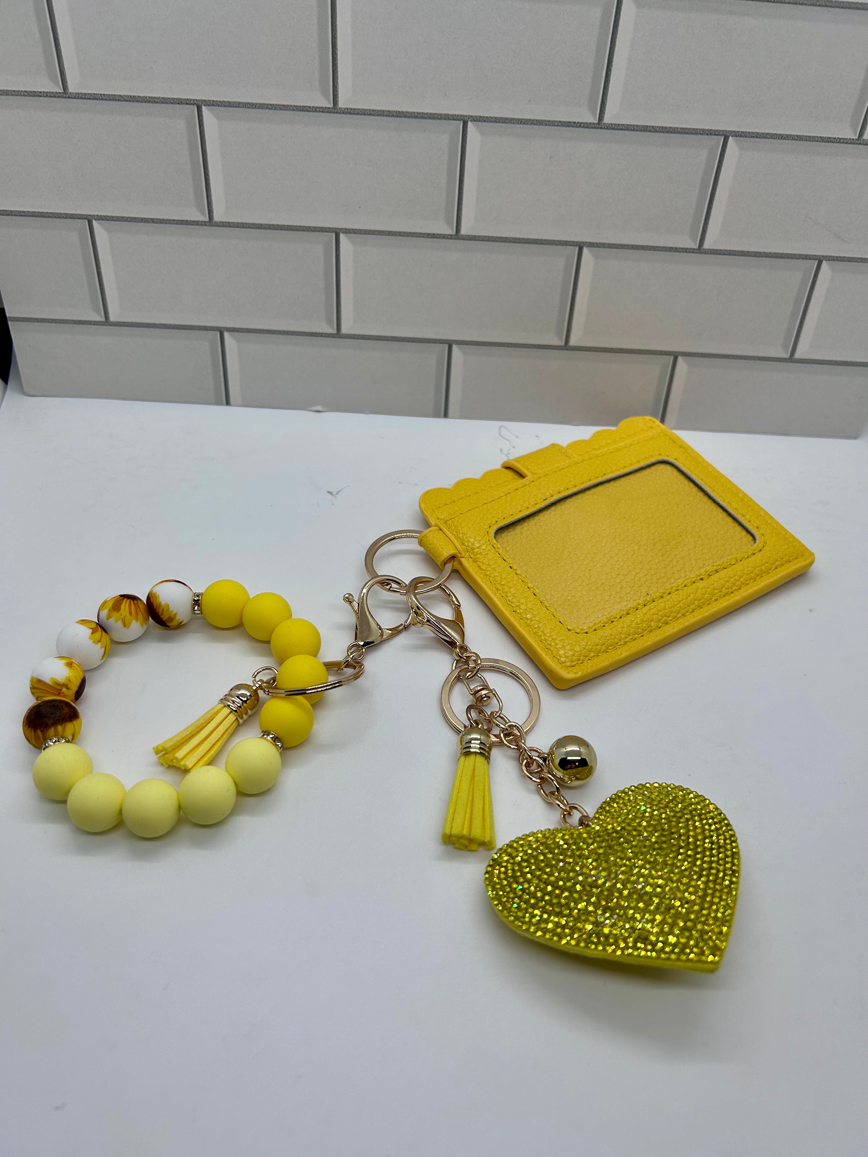 I.D. Wristlet Keychain Bundle-Yellow with Rhinestone Heart