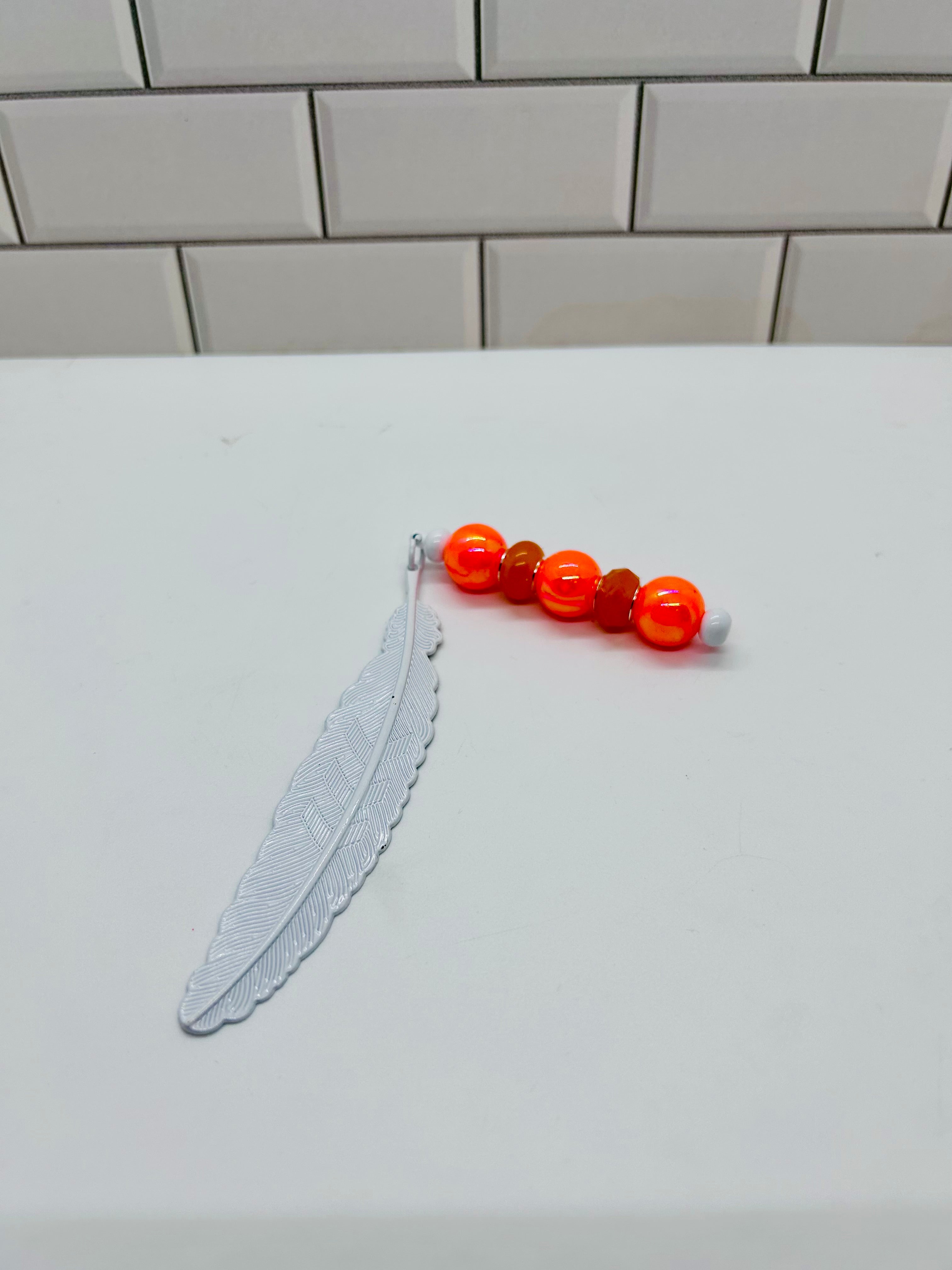 Metal Feather Beaded Bookmark-White