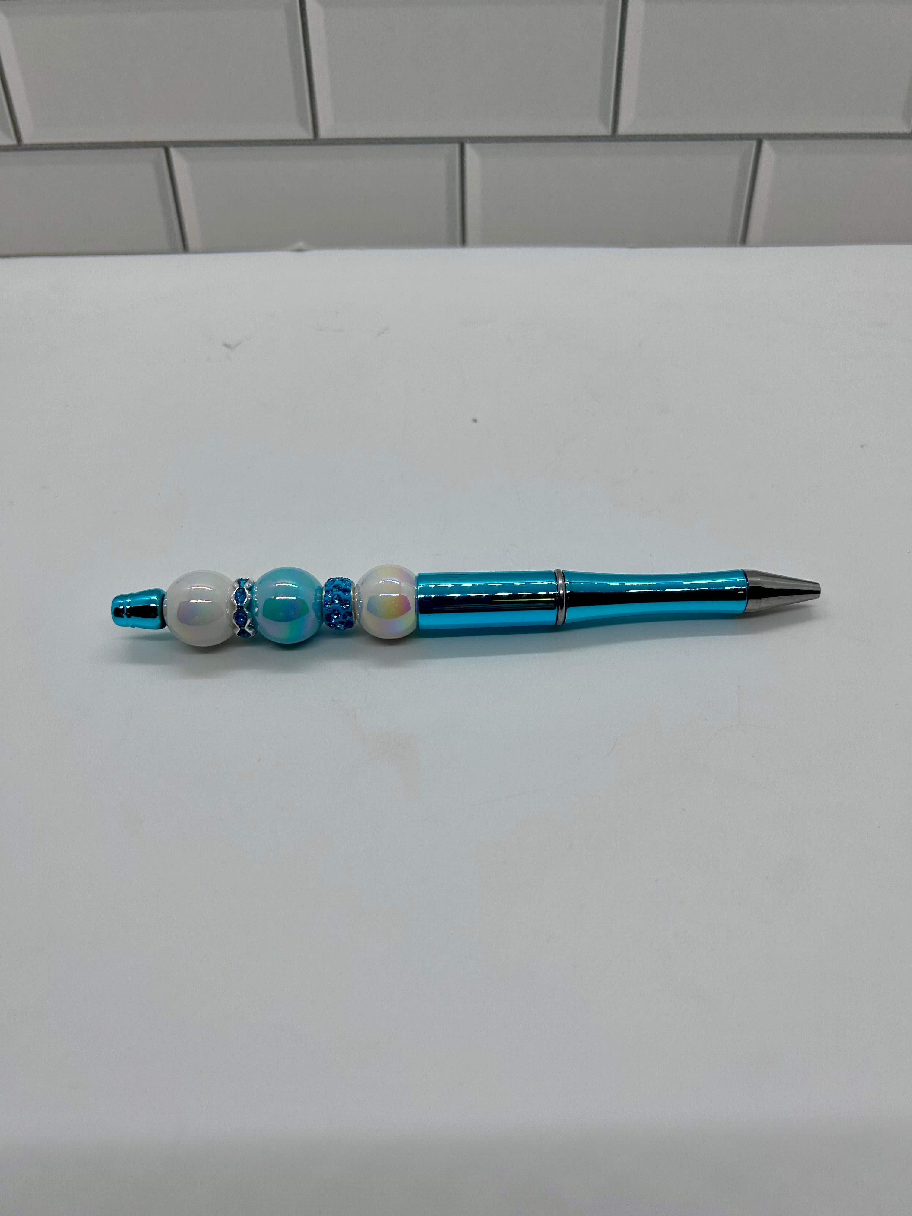 Beaded Ballpoint Pens-Metallic Teal Acrylic