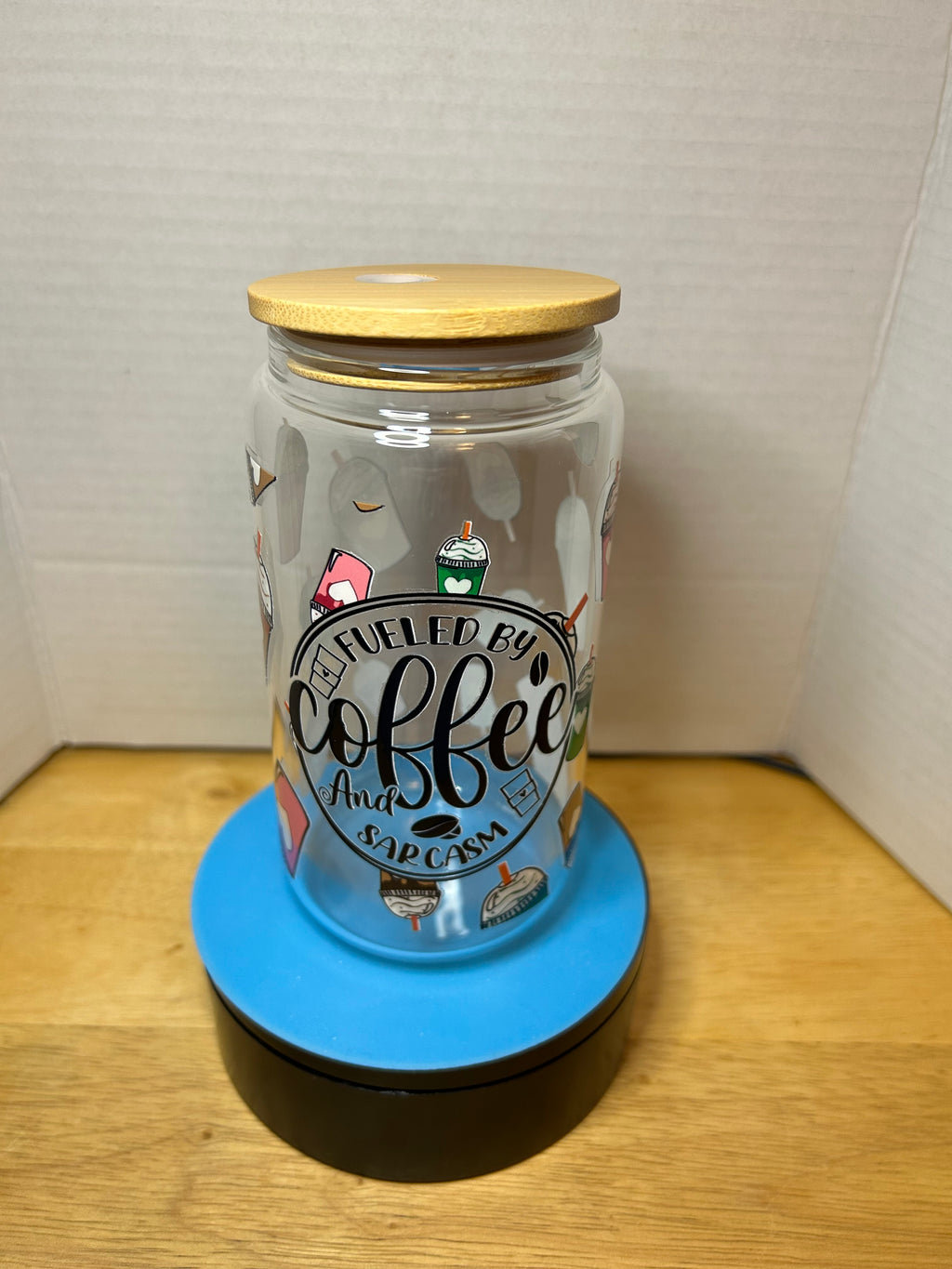 16 oz Glass Tumbler with a bamboo lid featuring a Beautiful Design, comes with metal straw and cleaning brush