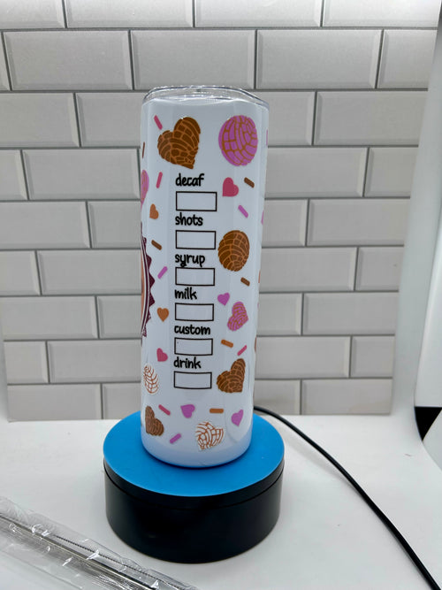 20 ounce Skinny Metal Tumbler With Metal Straw Featuring A Beautiful Coffee Theme Design