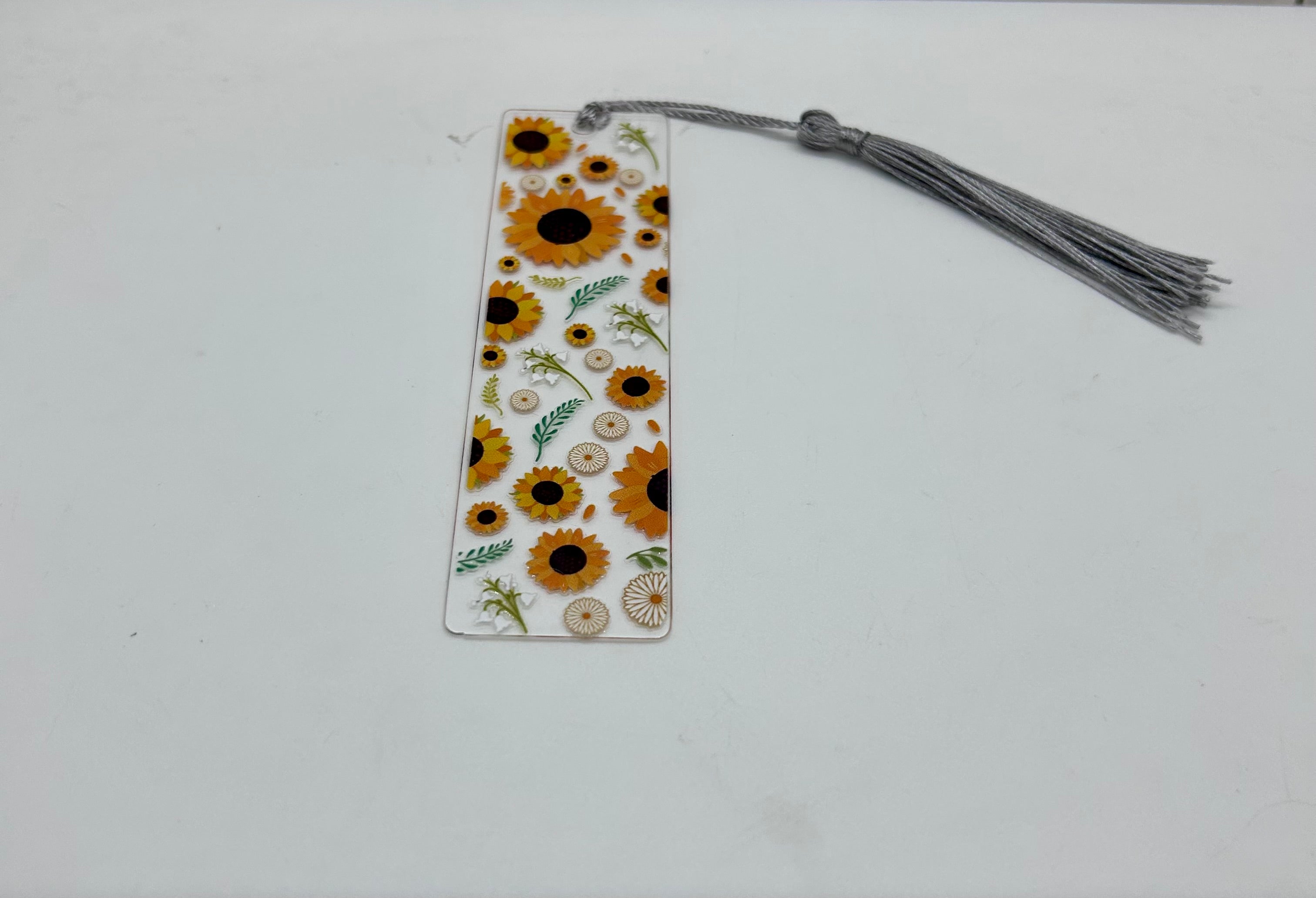 Acrylic Bookmark with Gray Colored Tassel, Floral Theme