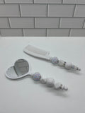 Beaded Comb & Mirror Set-White
