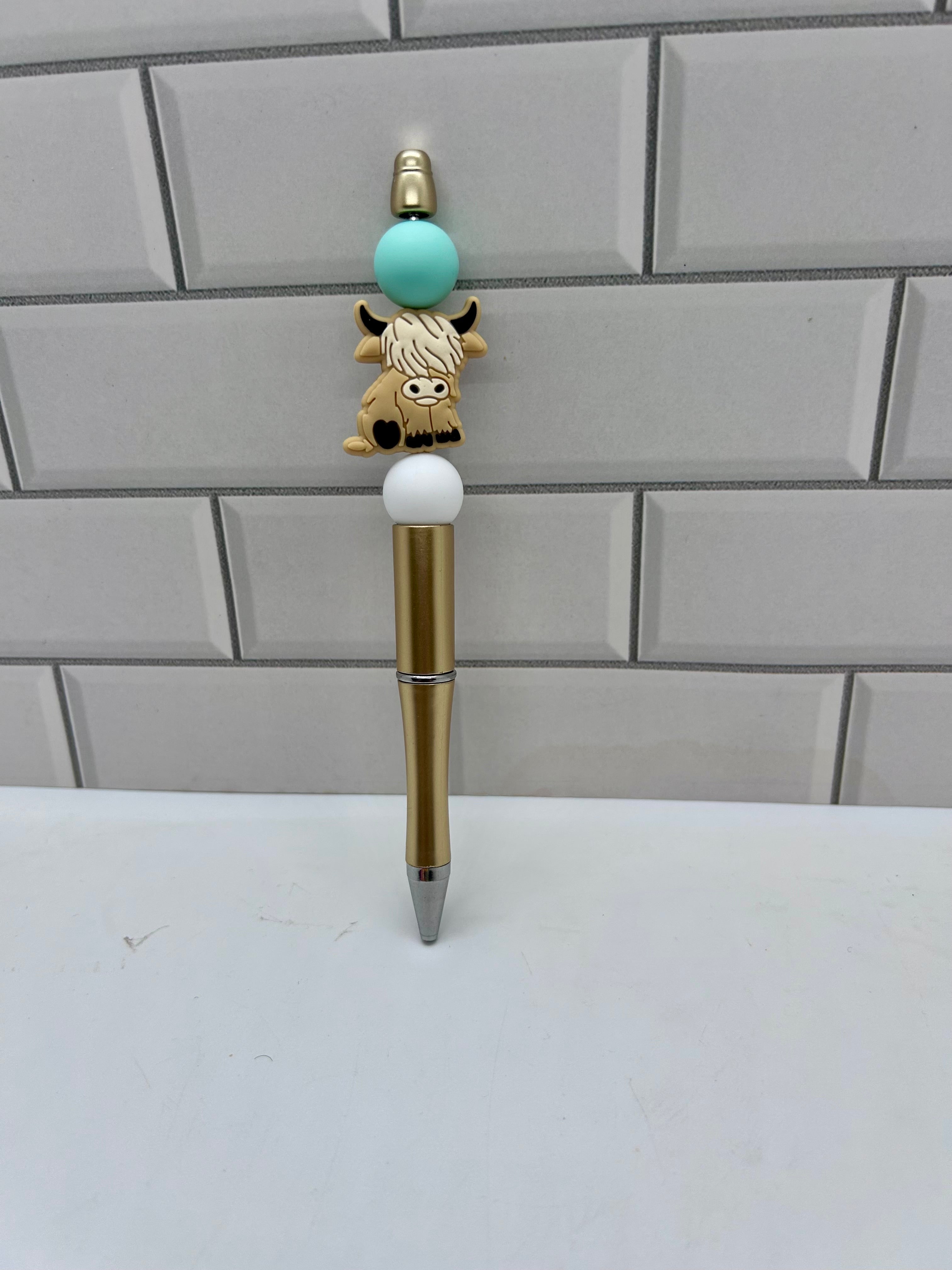 Stylo à bille perlé - Silicone doré avec motif de vache