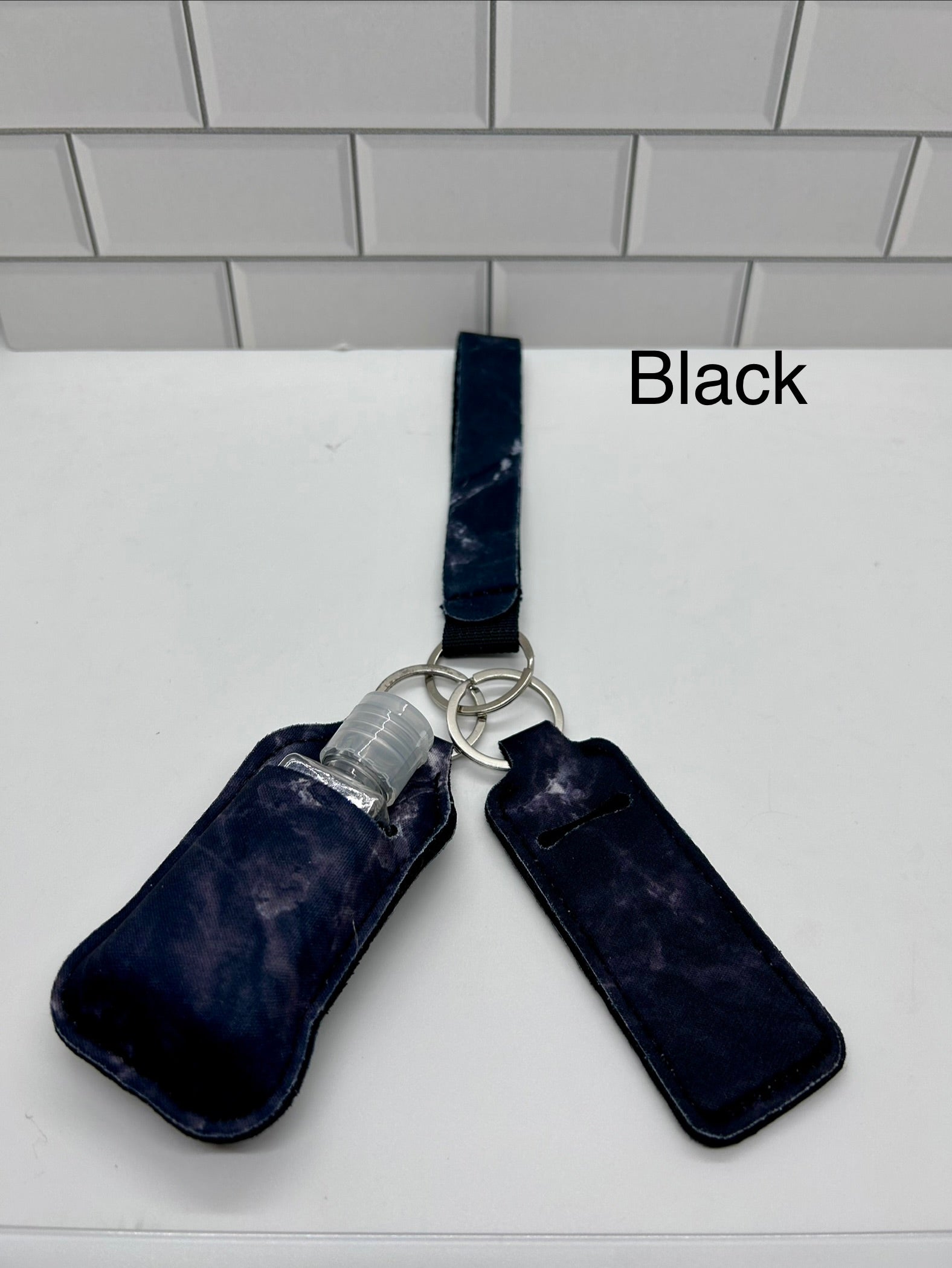 Neoprene Wristlet Keychain with Sanitizer Holder, Empty Bottle and Lip Balm Holder-Black
