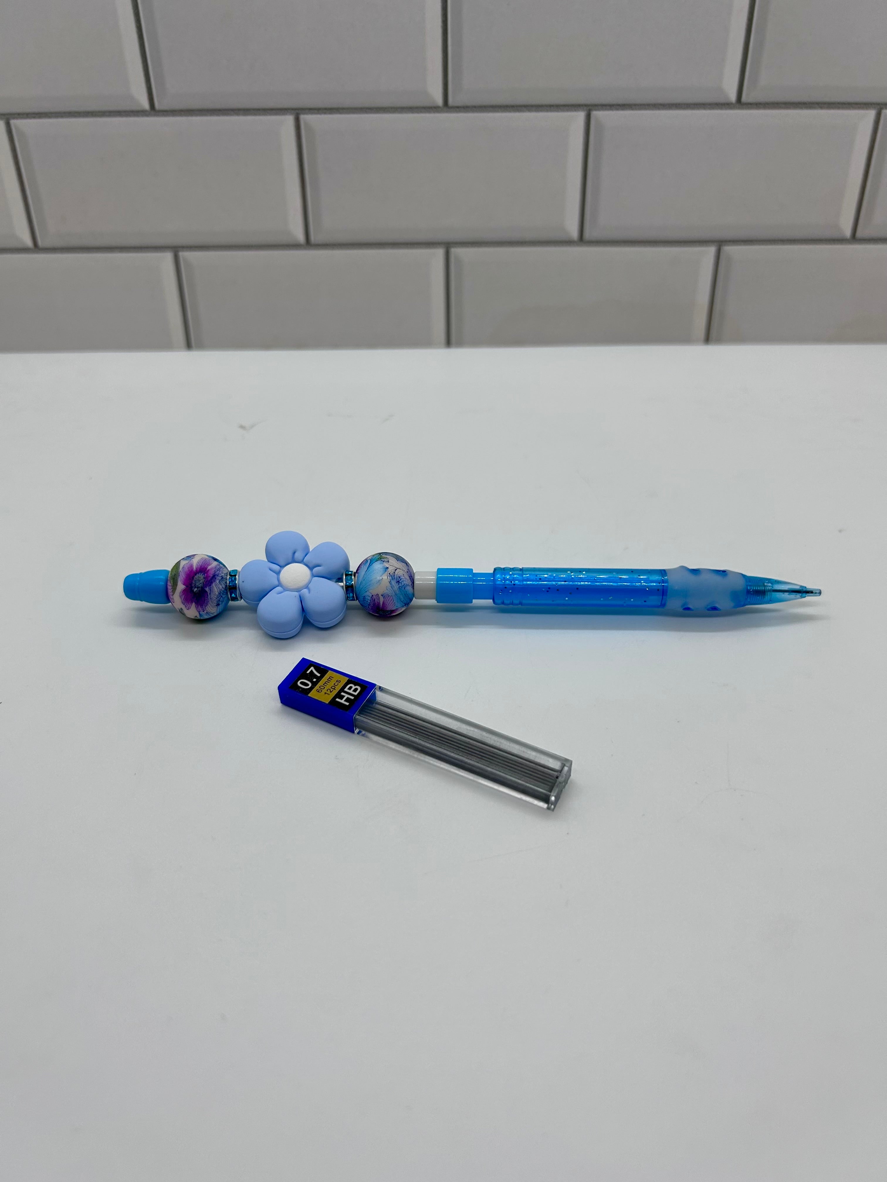 Beaded Mechanical Pencil-Blue Silicone with Floral Focal