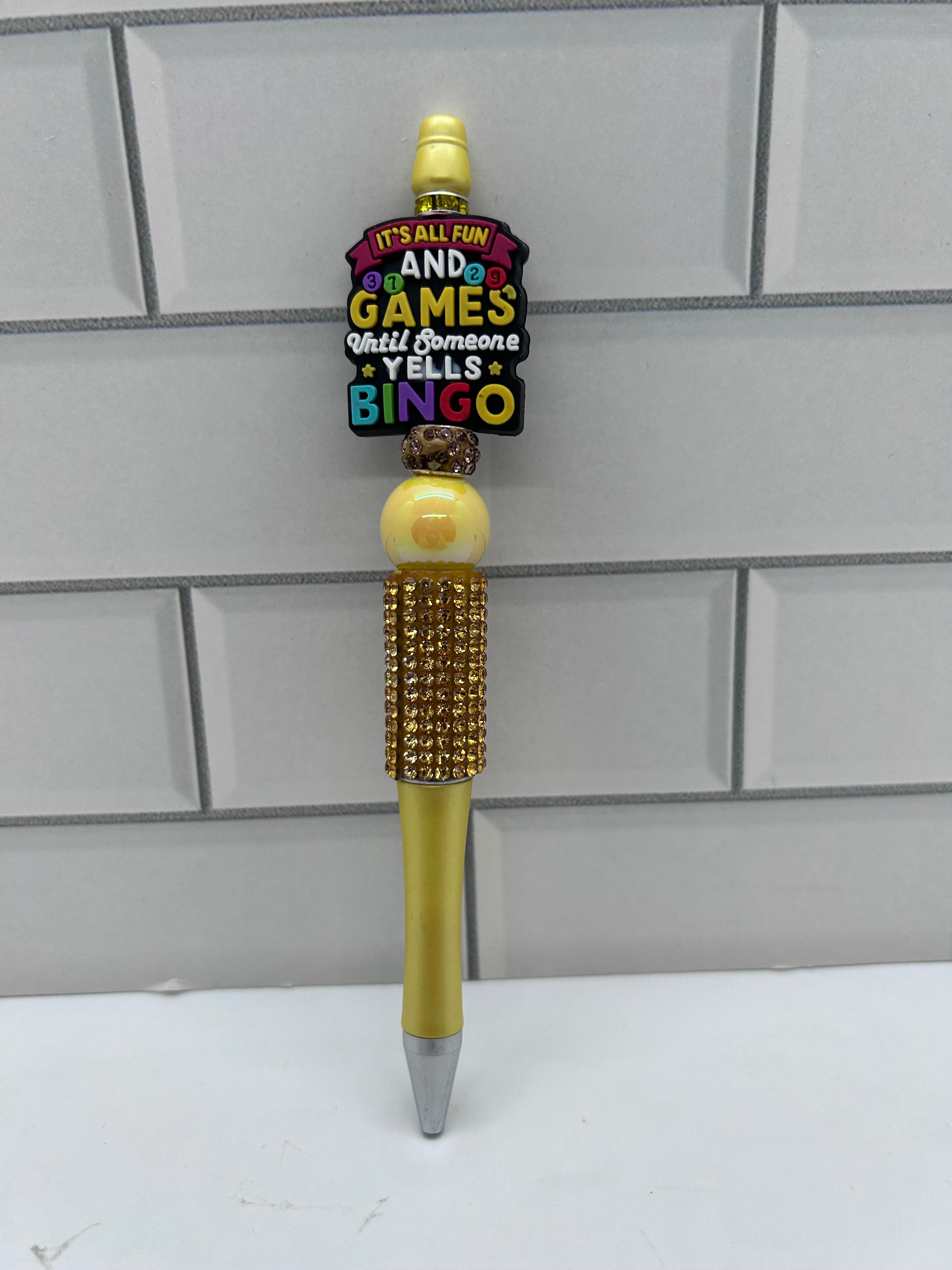 Stylo-bille perlé, jaune, thème loto
