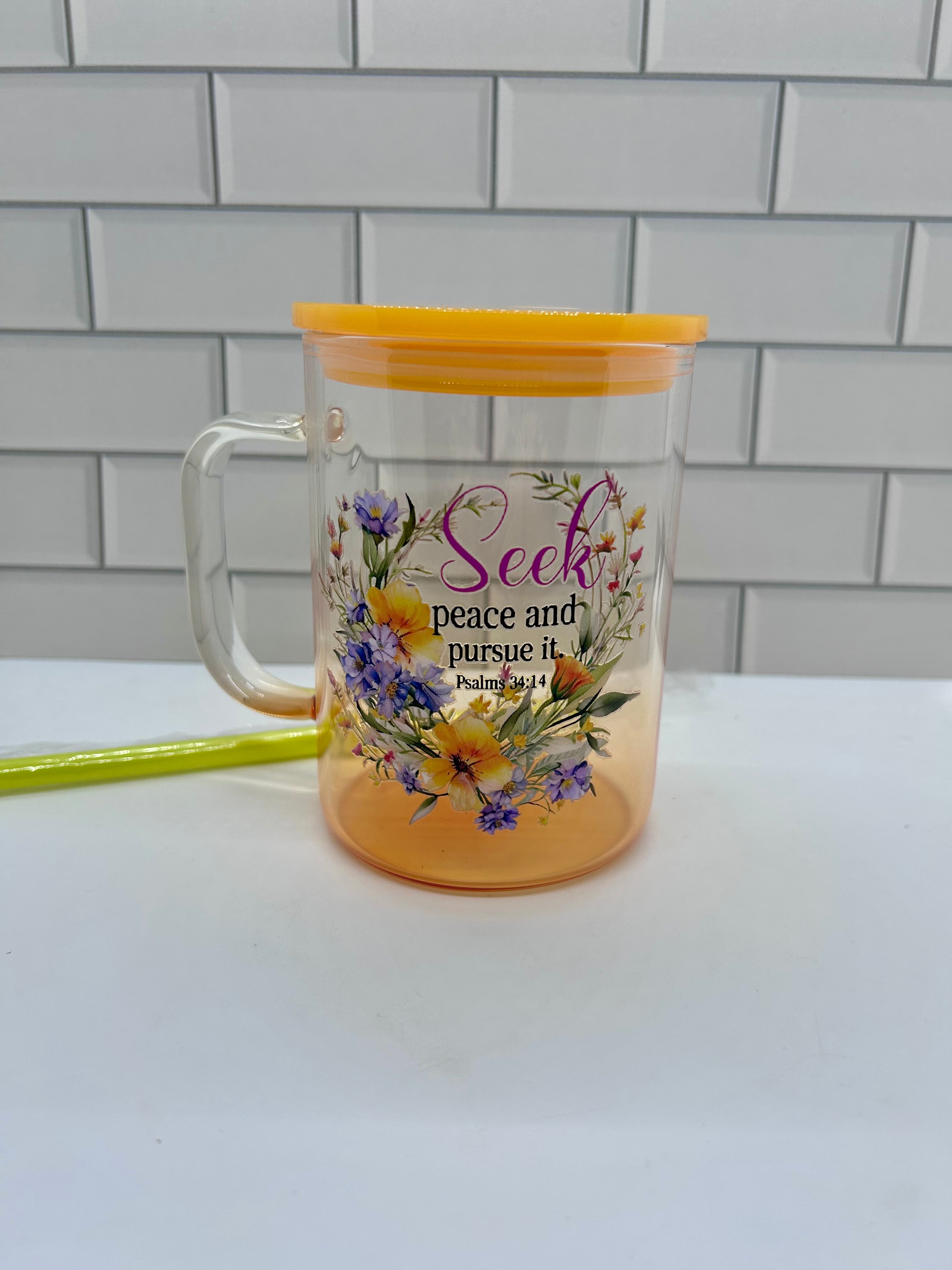 16 oz Ombre Glass Tumbler Mug, Yellow with Scripture Theme