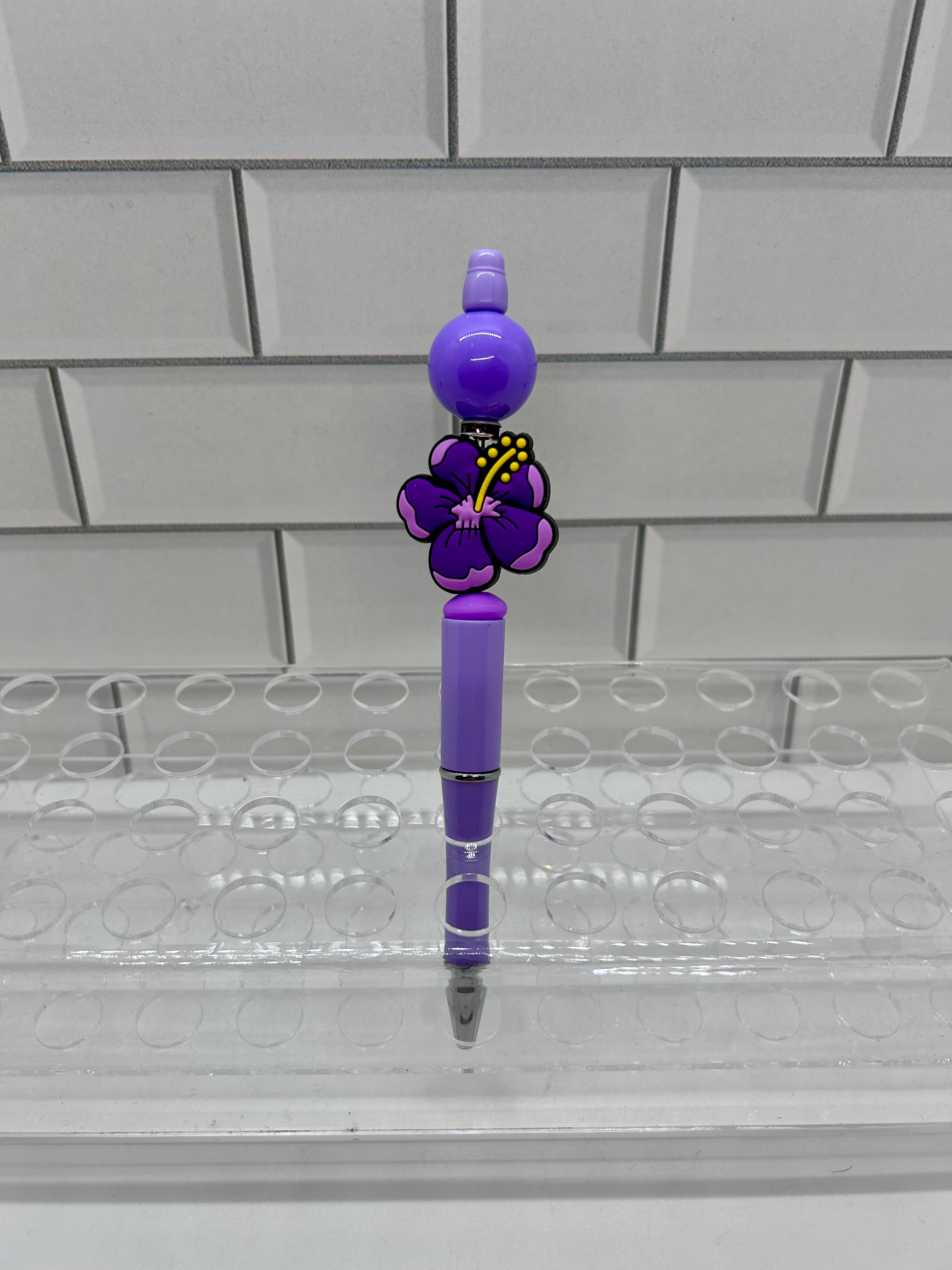 Beaded Ballpoint Pen-Purple w/ Flower Focal