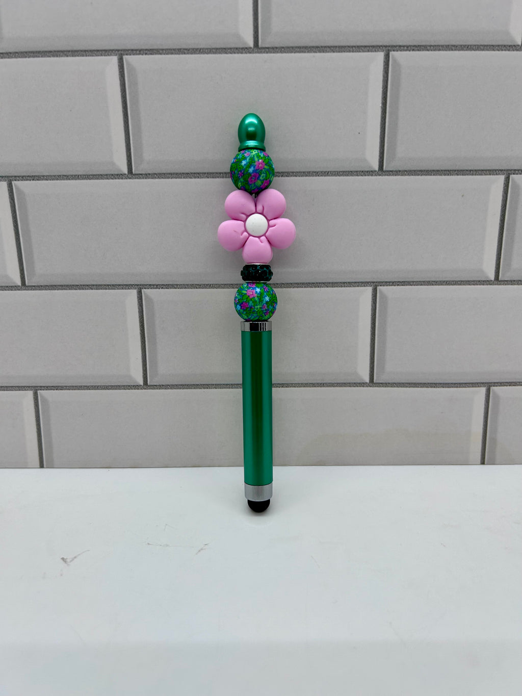 Beaded Stylus/Pen-Green Silicone with Floral Focal
