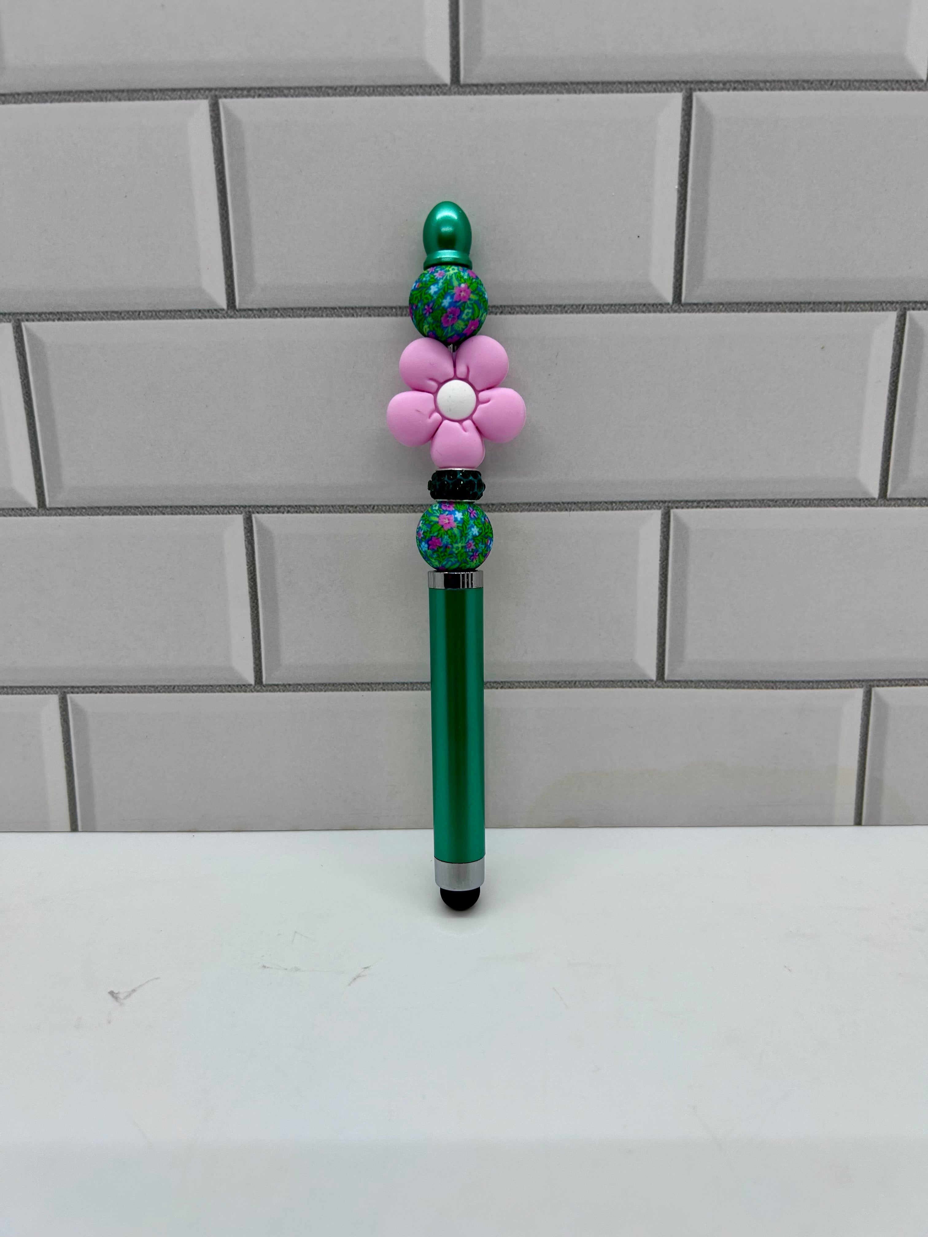 Beaded Stylus/Pen-Green Silicone with Floral Focal