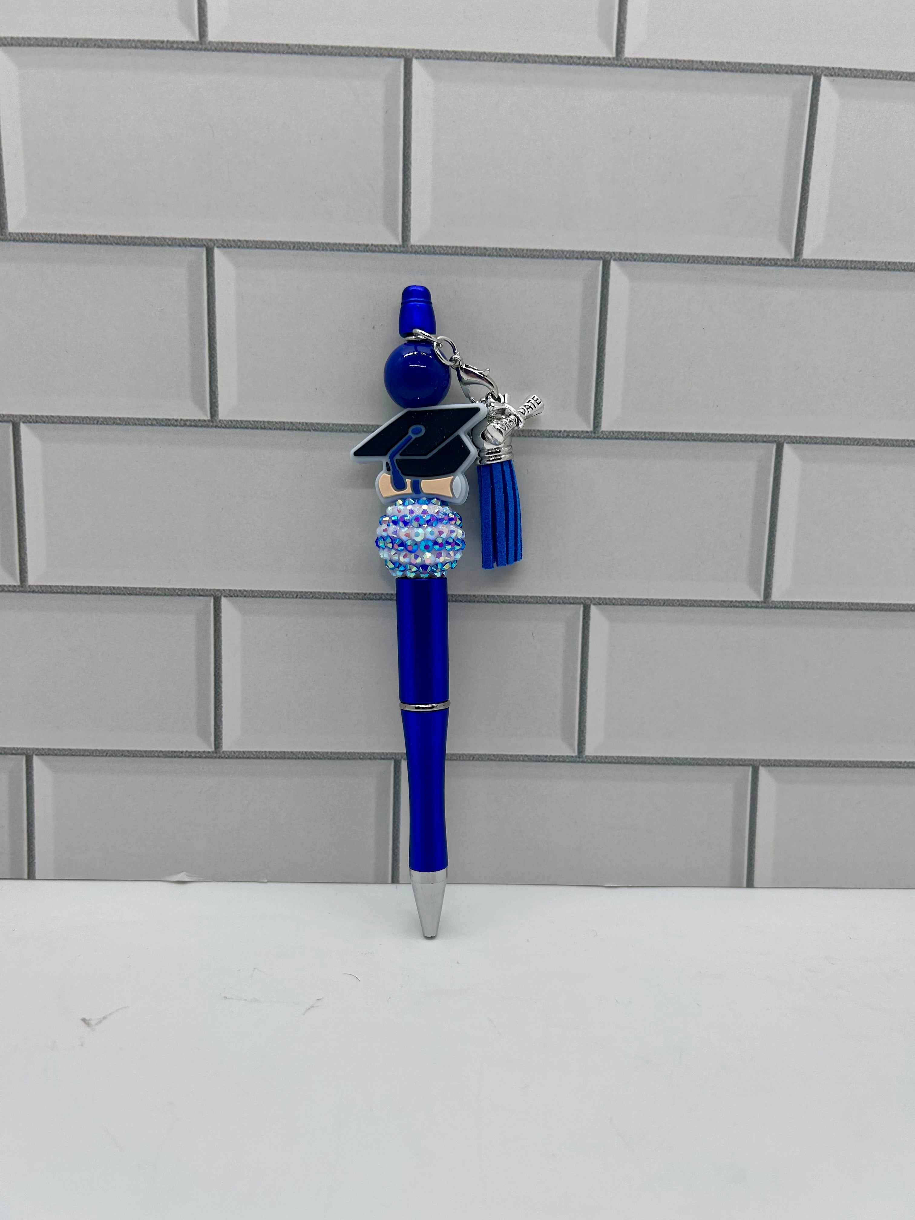 Beaded Ballpoint Pens-Blue with Graduation Theme