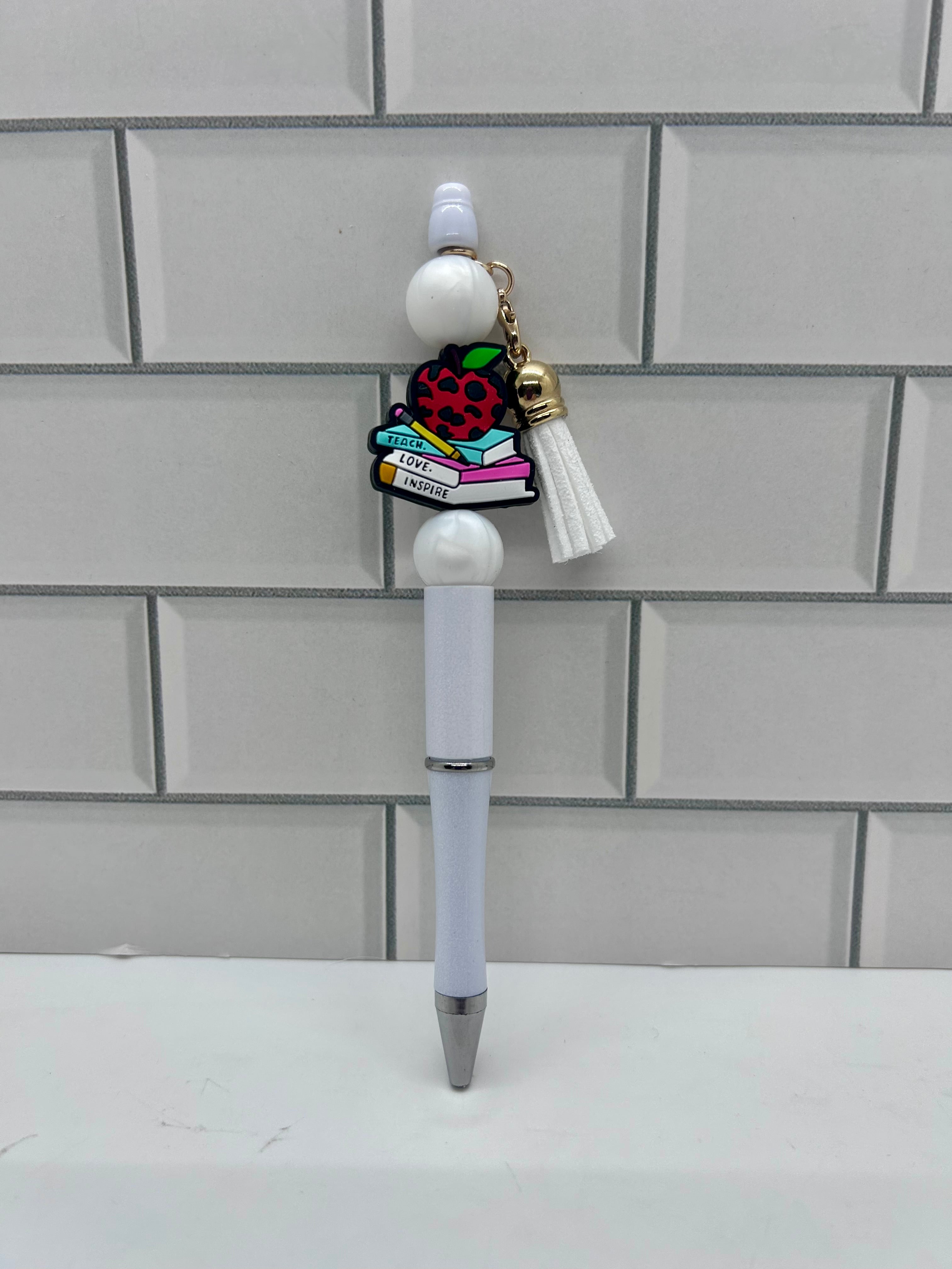 Stylos à bille perlés - Blanc avec motif sur le thème de l'enseignant