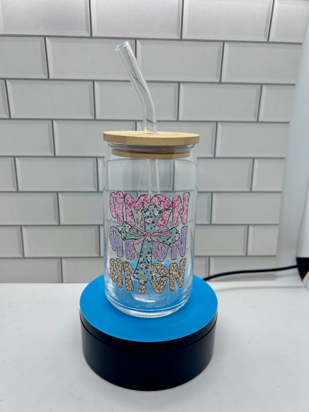 Gobelet en verre de 47 cl, paille en verre avec un magnifique motif de Pâques