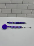Beaded Badge Reel with Matching Beaded Pen-Purple