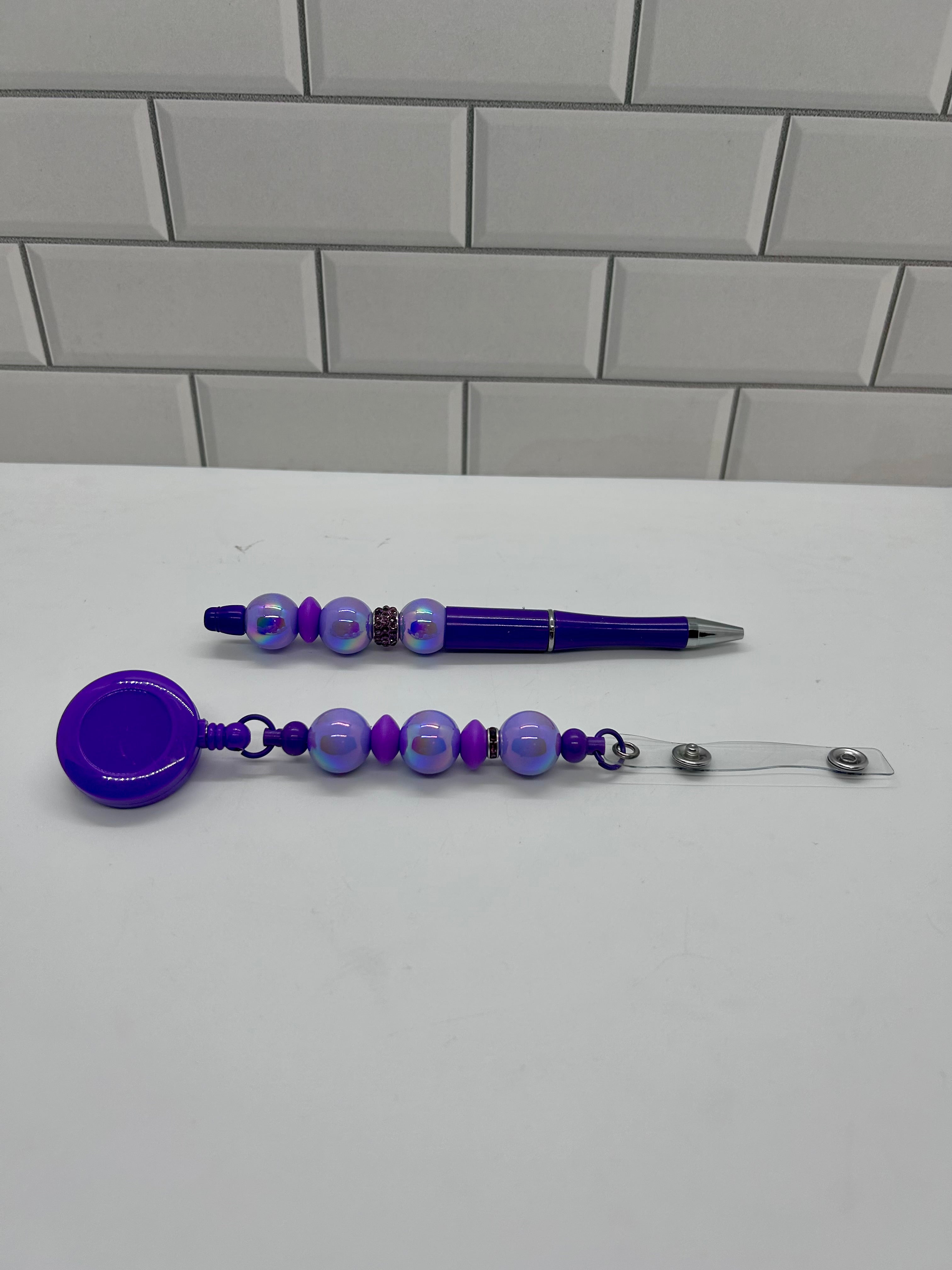 Beaded Badge Reel with Matching Beaded Pen-Purple
