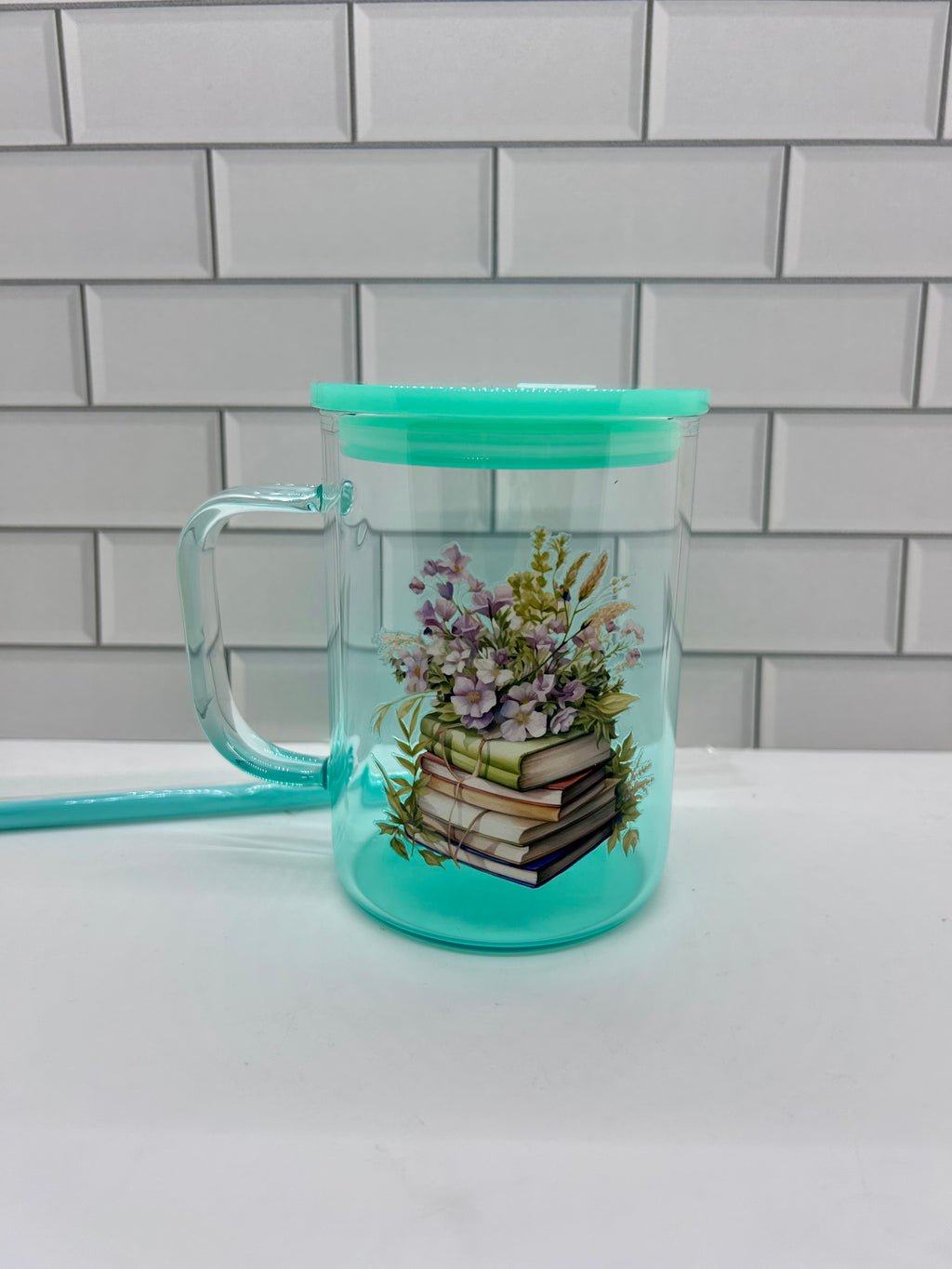 16 oz Ombre Glass Tumbler Mug, Green with Bookish Theme