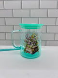 16 oz Ombre Glass Tumbler Mug, Green with Bookish Theme