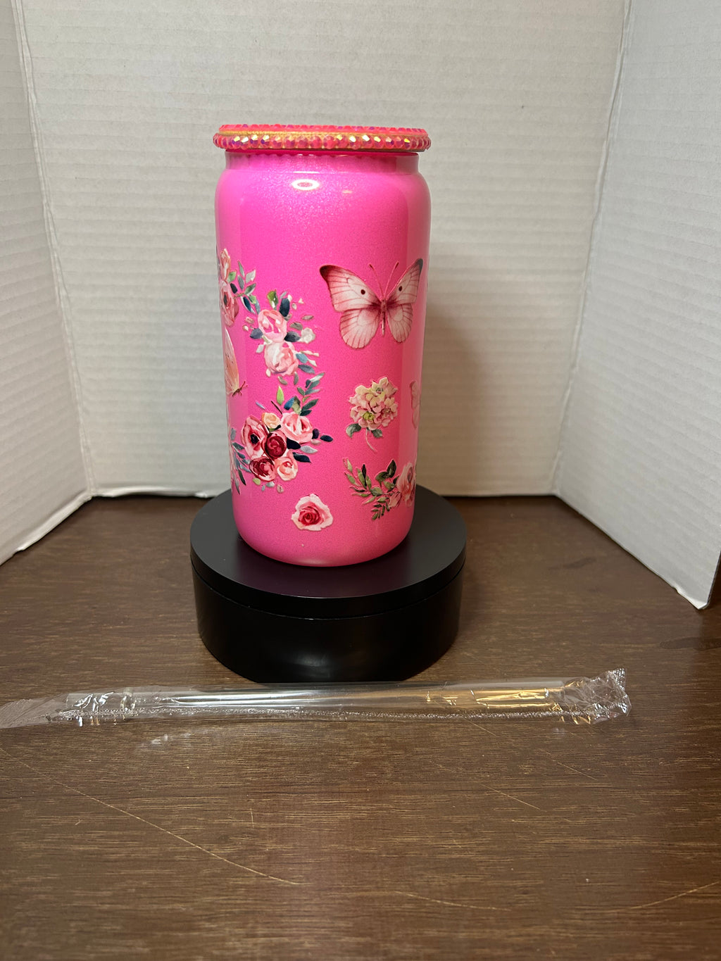 16 oz Pink Glass Tumbler with Matching Bling lid featuring a Beautiful Roses and Butterfly Design, comes with Plastic Straw