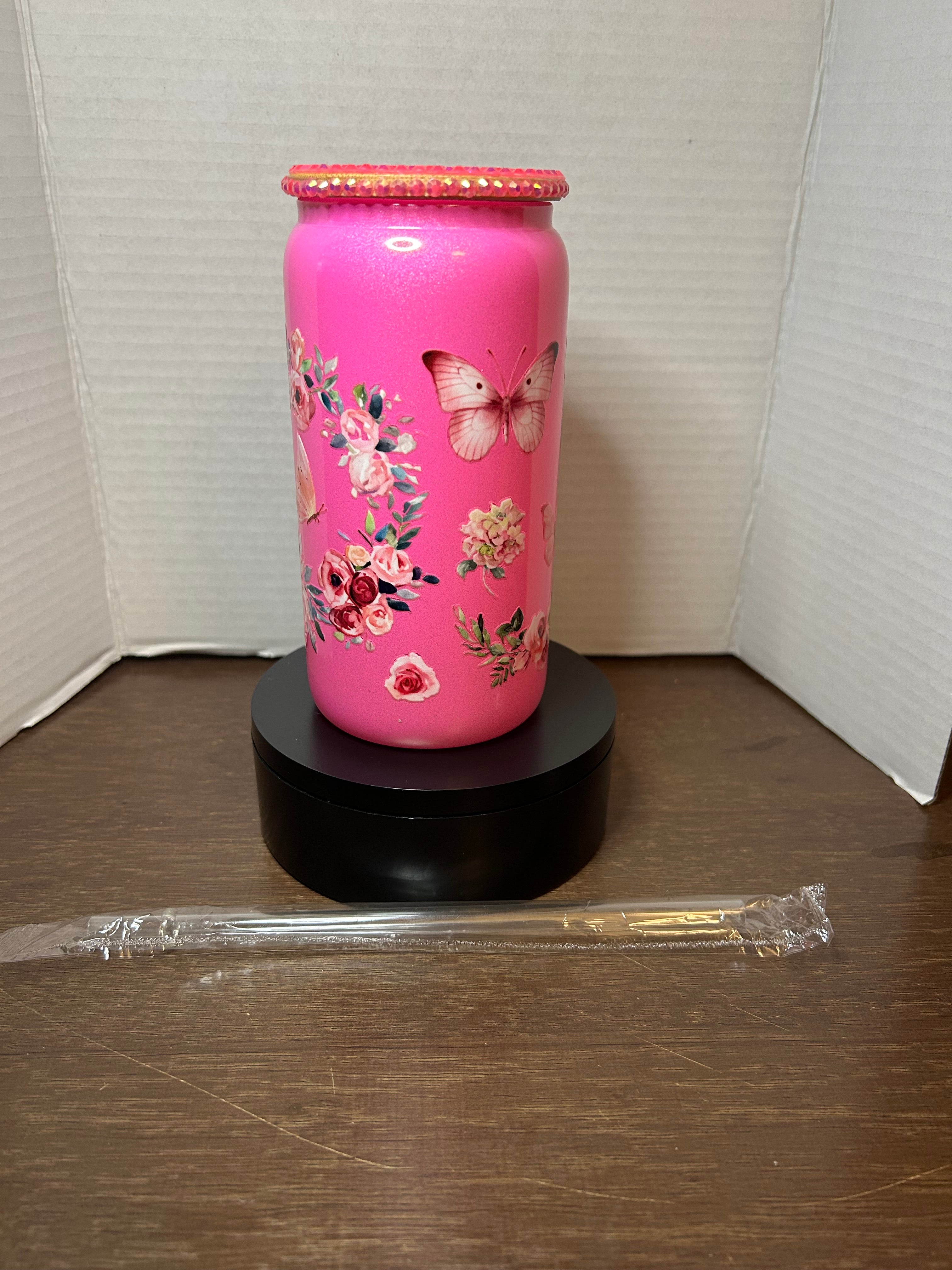 16 oz Pink Glass Tumbler with Matching Bling lid featuring a Beautiful Roses and Butterfly Design, comes with Plastic Straw
