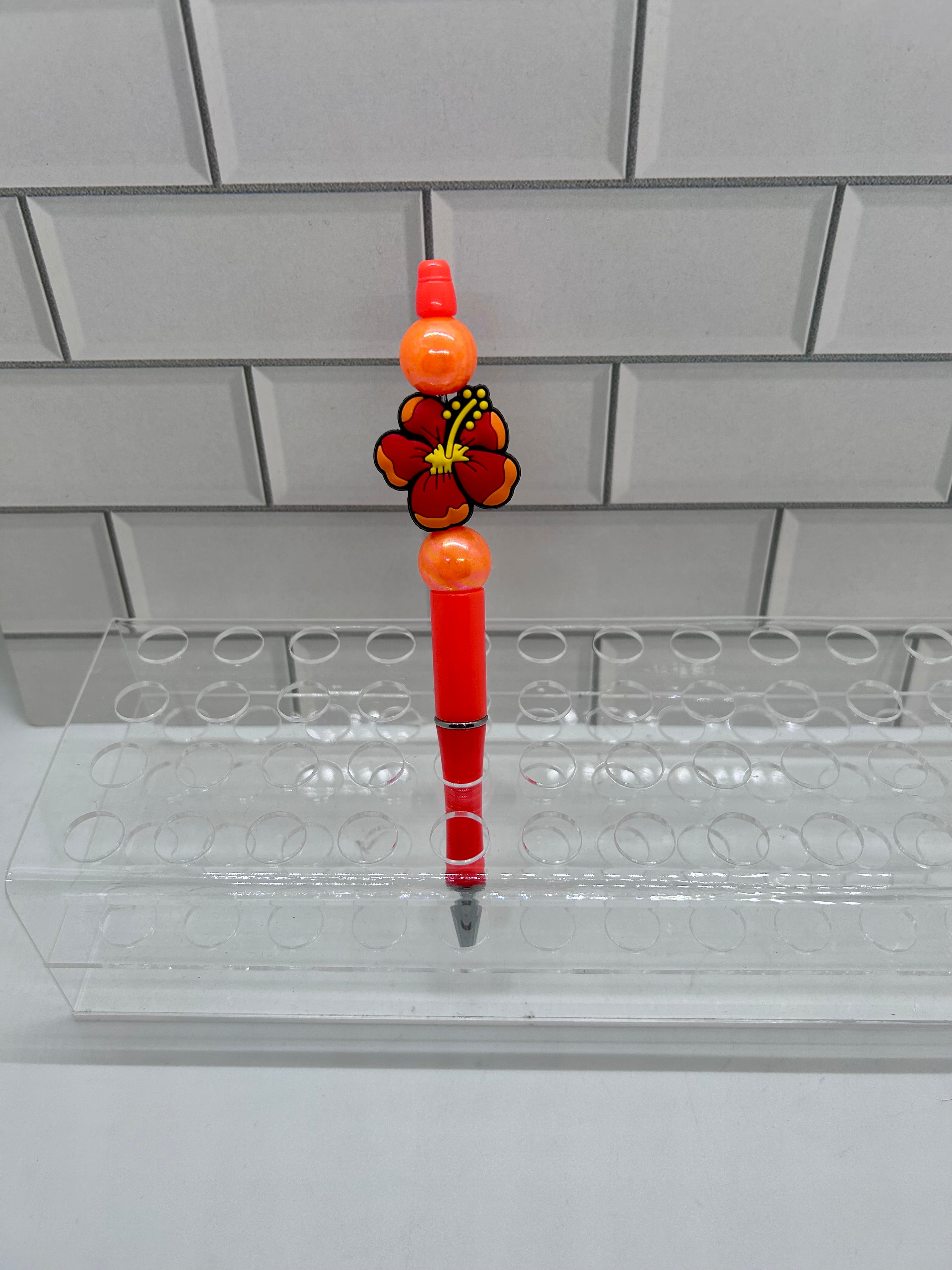 Beaded Ballpoint Pen-Orange w/ Flower Focal