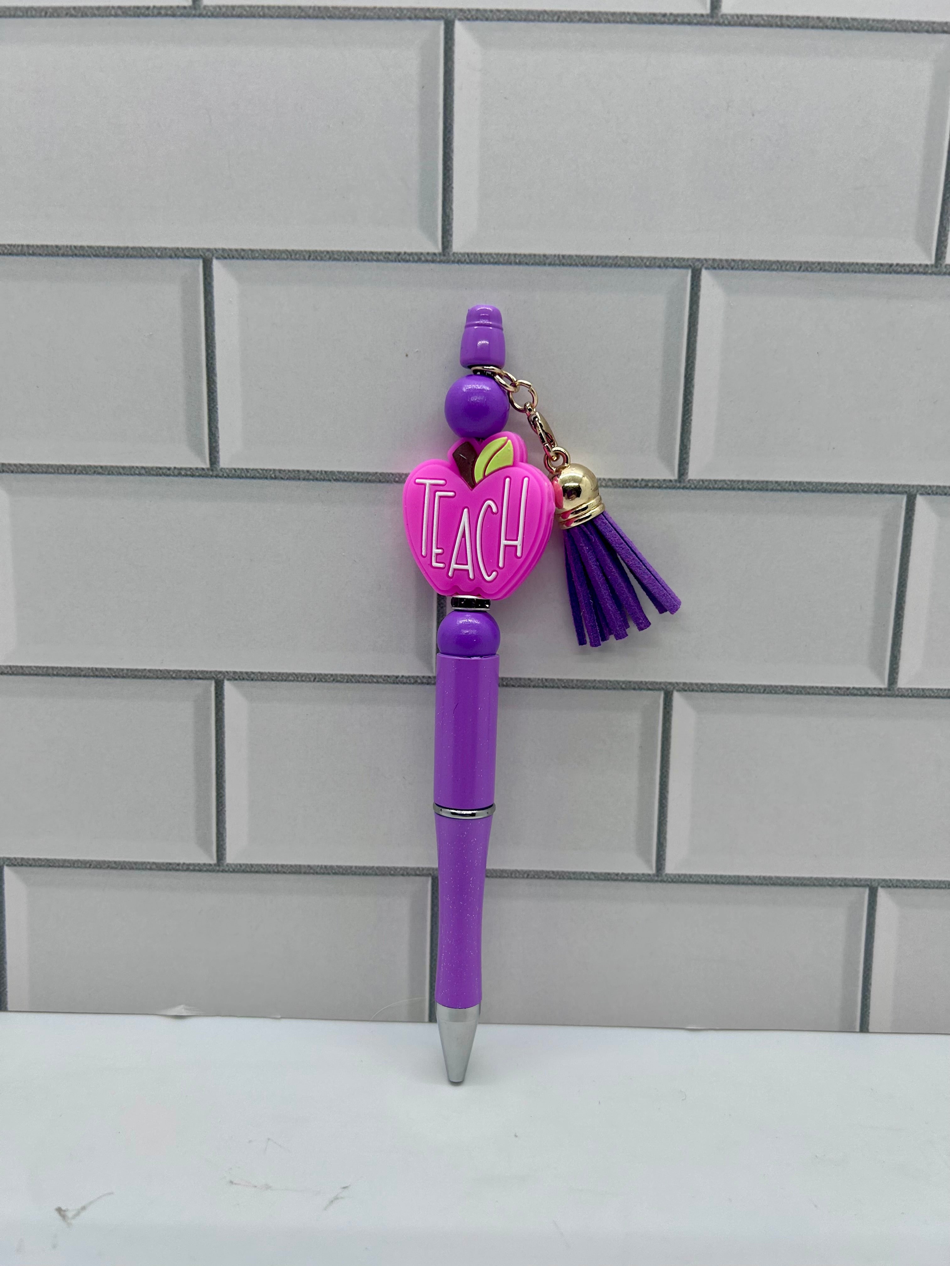 Beaded Ballpoint Pens-Purple with Teacher Theme