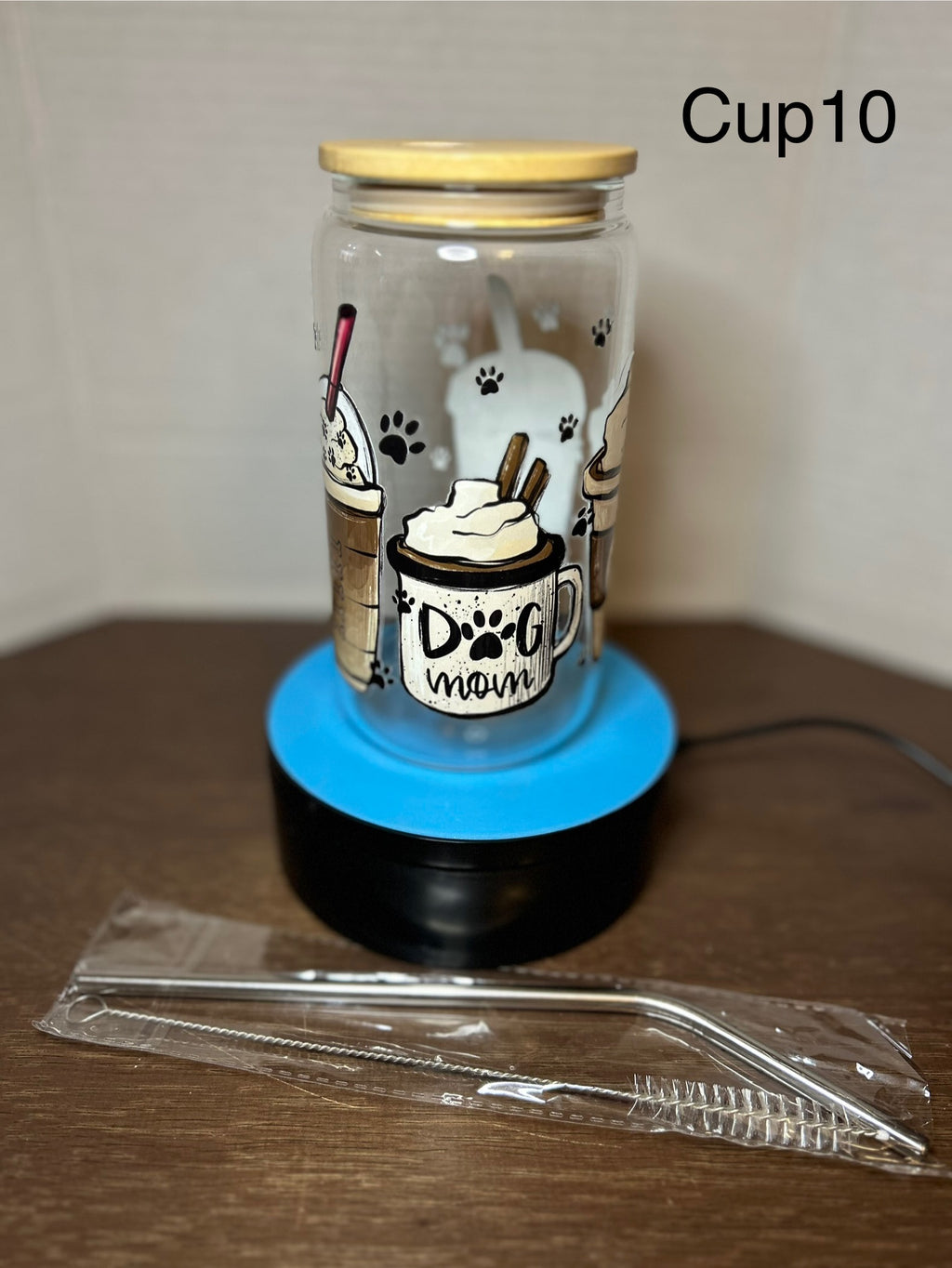 16 oz Glass Tumbler with a bamboo lid featuring a Beautiful Design, comes with metal straw and cleaning brush