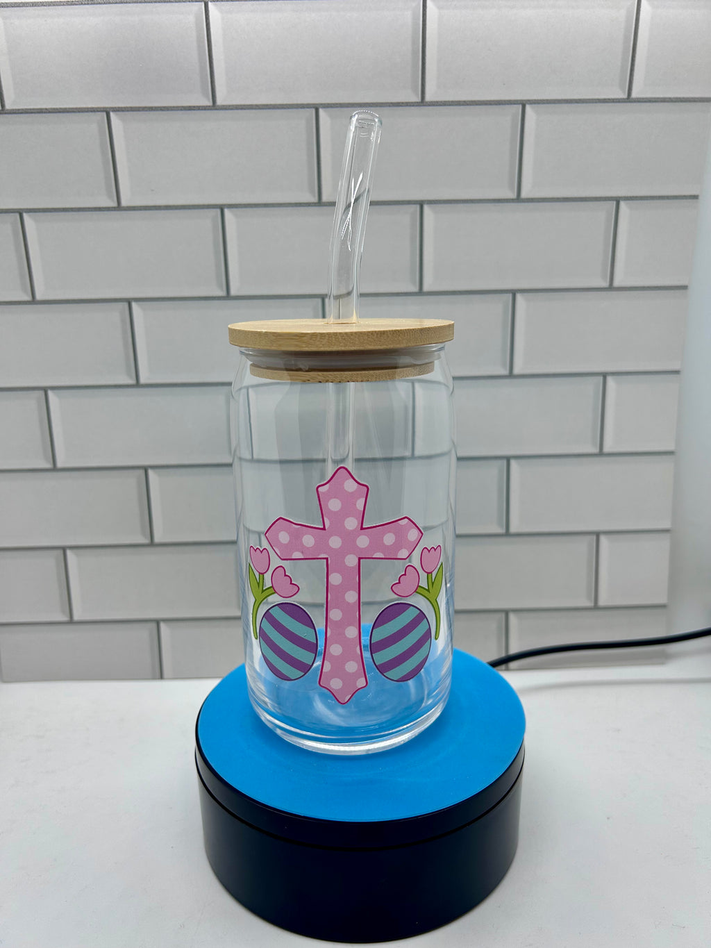 Gobelet en verre de 16 oz, paille en verre avec un magnifique motif de Pâques