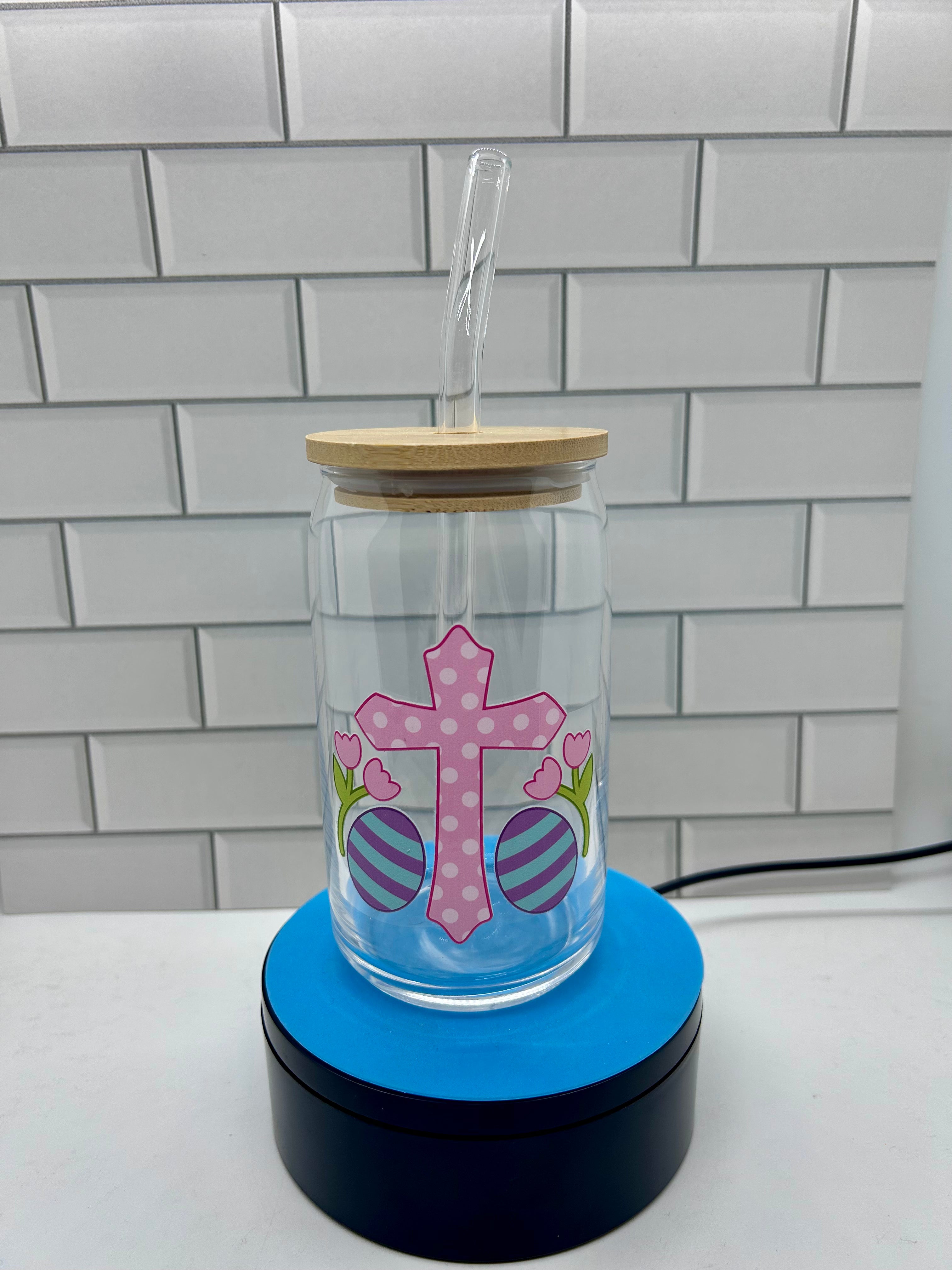 16 oz Glass Tumbler, Glass Straw featuring a Beautiful Easter Design