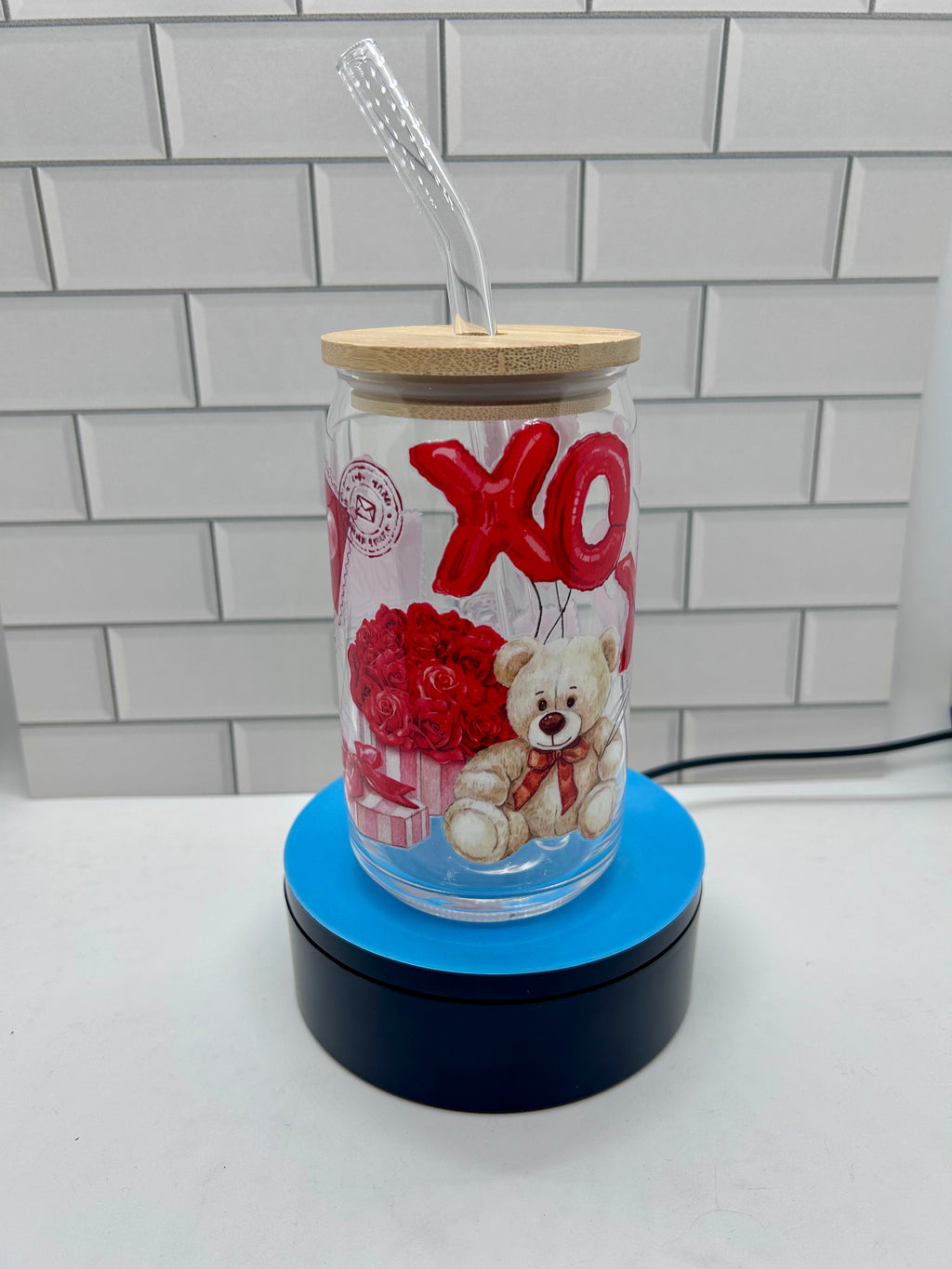 16 oz Glass Tumbler, Glass Straw featuring a Beautiful Valentines Day Design
