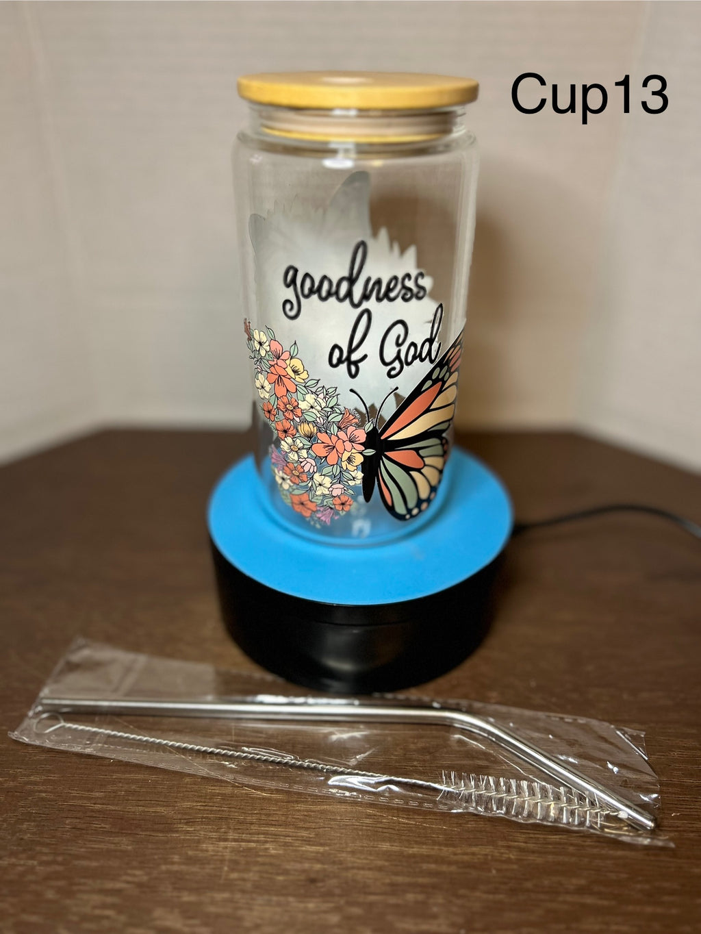 16 oz Glass Tumbler with a bamboo lid featuring a Beautiful Design, comes with metal straw and cleaning brush